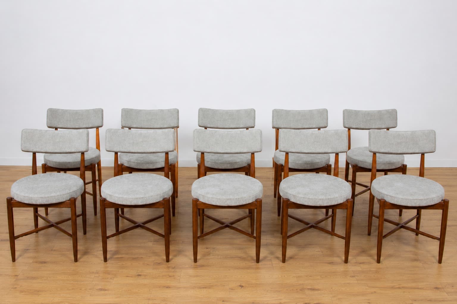 Set of ten chairs, brown teak, grey fabric, by I. Kofod-Larsen, G-Plan, United Kingdom, 1960s. - 333889