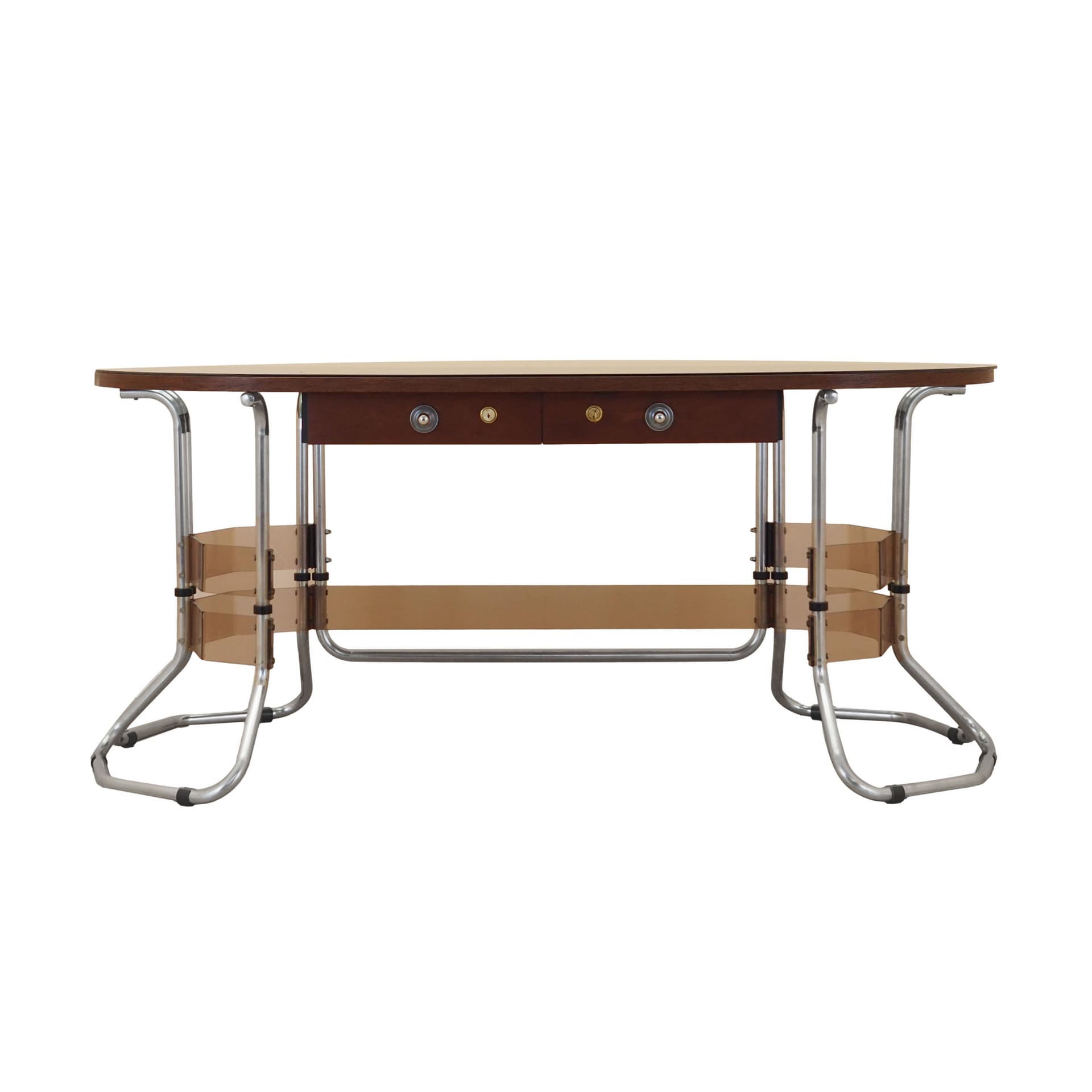 Desk, brown mahogany, chrome metal, glass, Italy, 1980s.