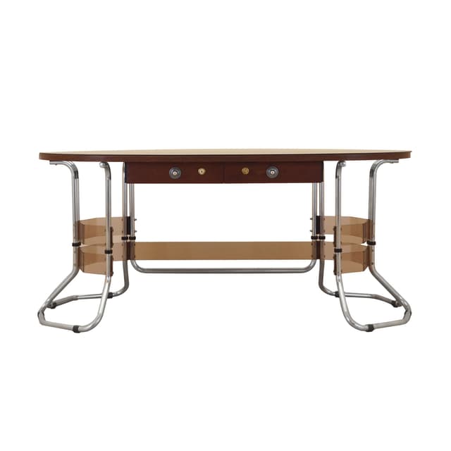 Desk, brown mahogany, chrome metal, glass, Italy, 1980s. - DIMENSION