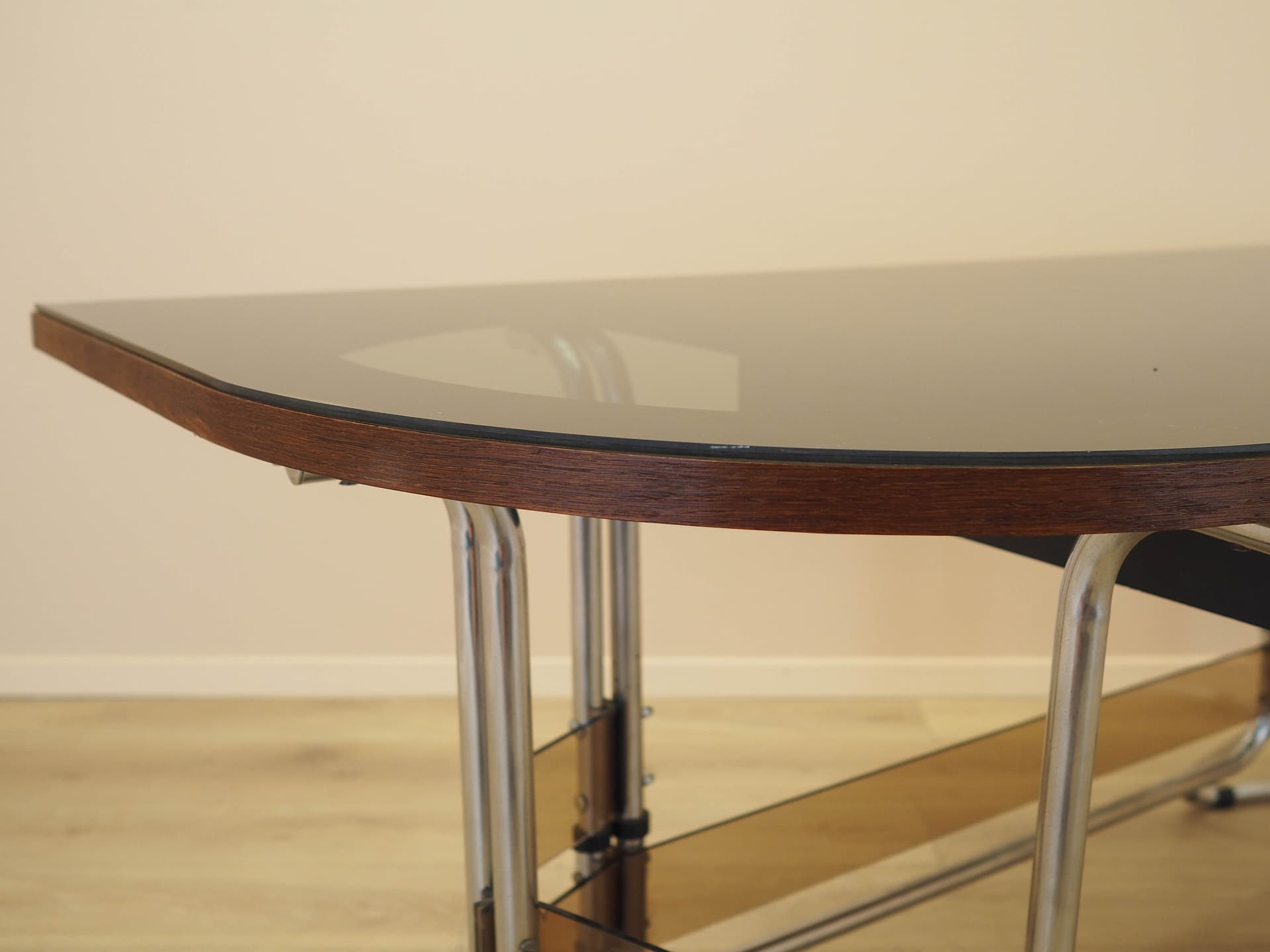Desk, brown mahogany, chrome metal, glass, Italy, 1980s. - 333937