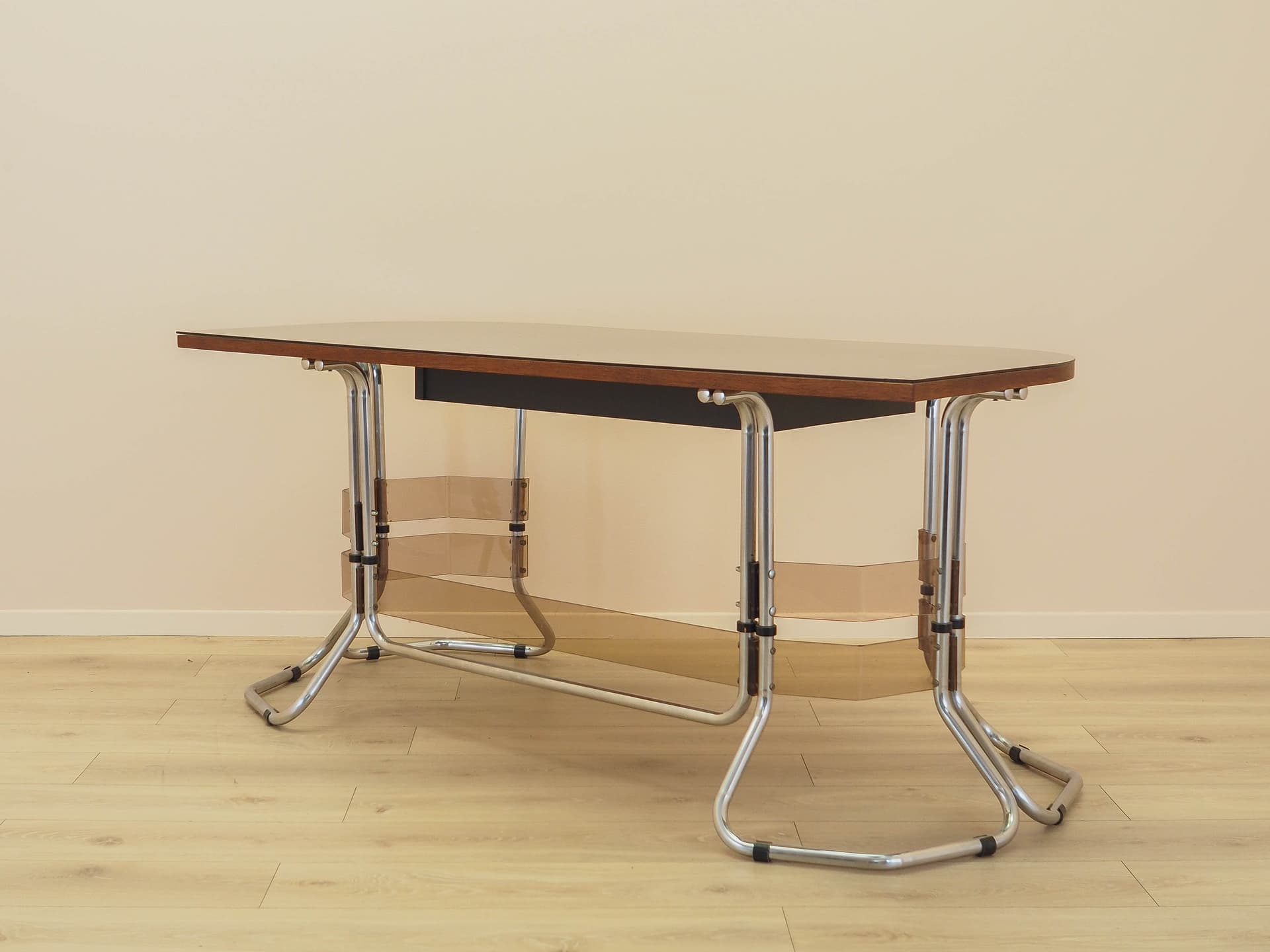 Desk, brown mahogany, chrome metal, glass, Italy, 1980s. - 333947