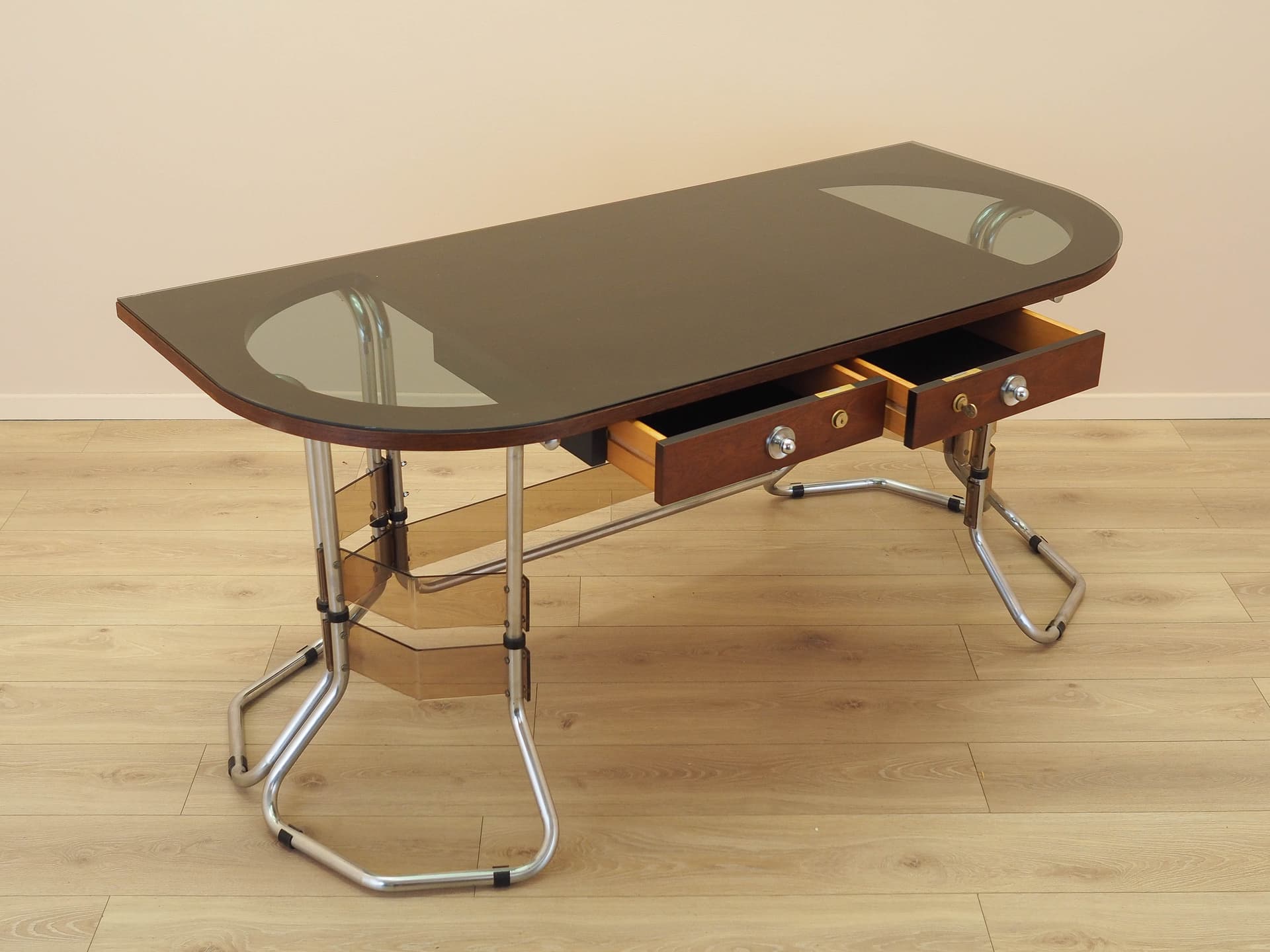 Desk, brown mahogany, chrome metal, glass, Italy, 1980s. - 333936