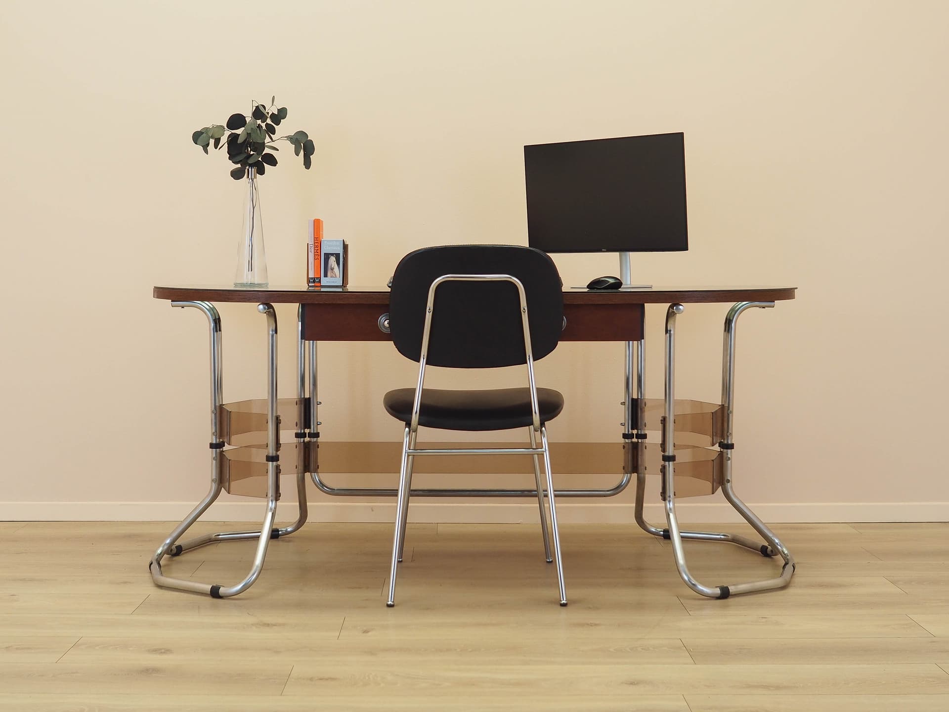 Desk, brown mahogany, chrome metal, glass, Italy, 1980s. - 333934