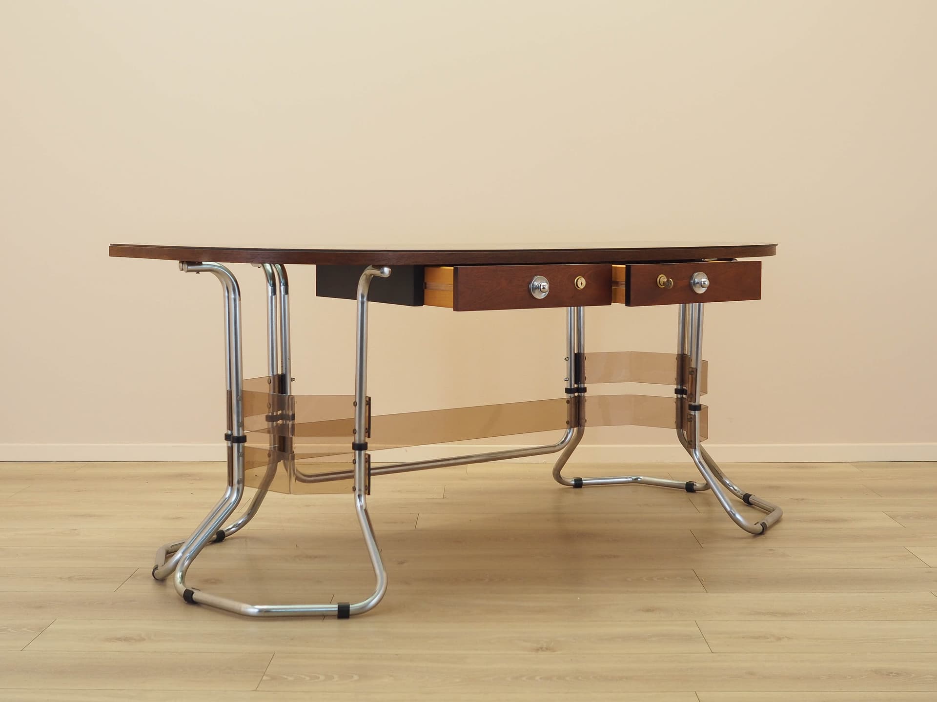 Desk, brown mahogany, chrome metal, glass, Italy, 1980s. - 333935