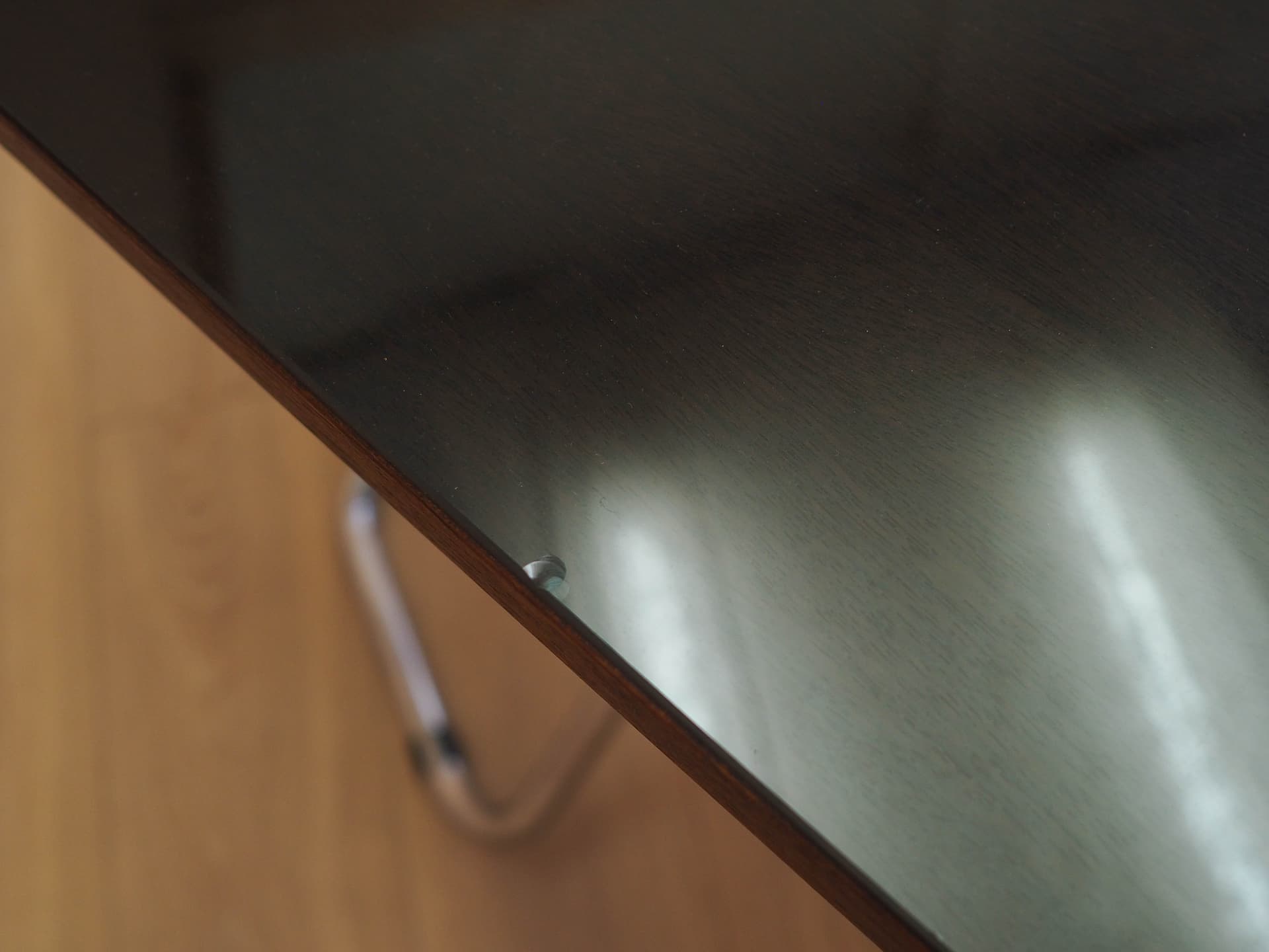 Desk, brown mahogany, chrome metal, glass, Italy, 1980s. - 333941