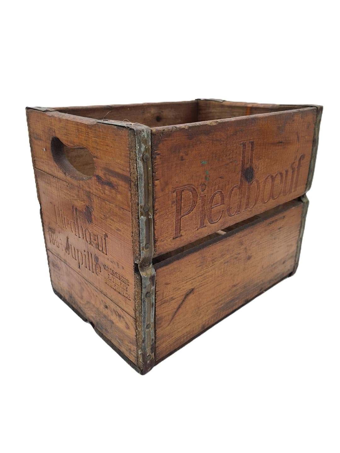 Beer crate Piedboeuf, brown wood, metal, Belgium, 1960s