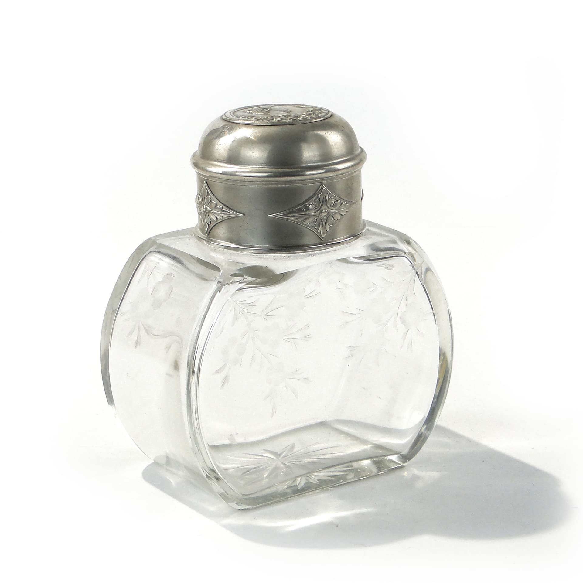Tea Caddy, transparent crystal glass, silver, Norblin, Poland, early 20th c.