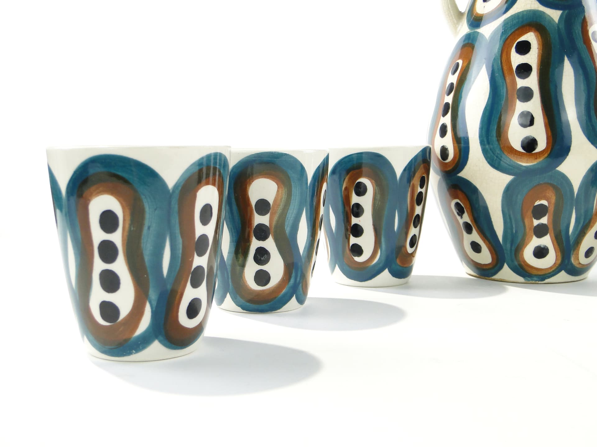 Wine set Pattern 411, white green faience, by J. Sowiński, Włocławek, Poland, 1960s. - 334383