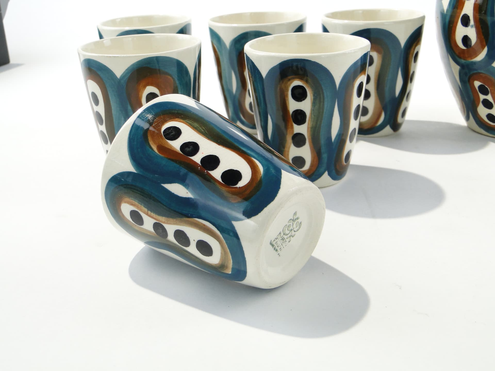 Wine set Pattern 411, white green faience, by J. Sowiński, Włocławek, Poland, 1960s. - 334372