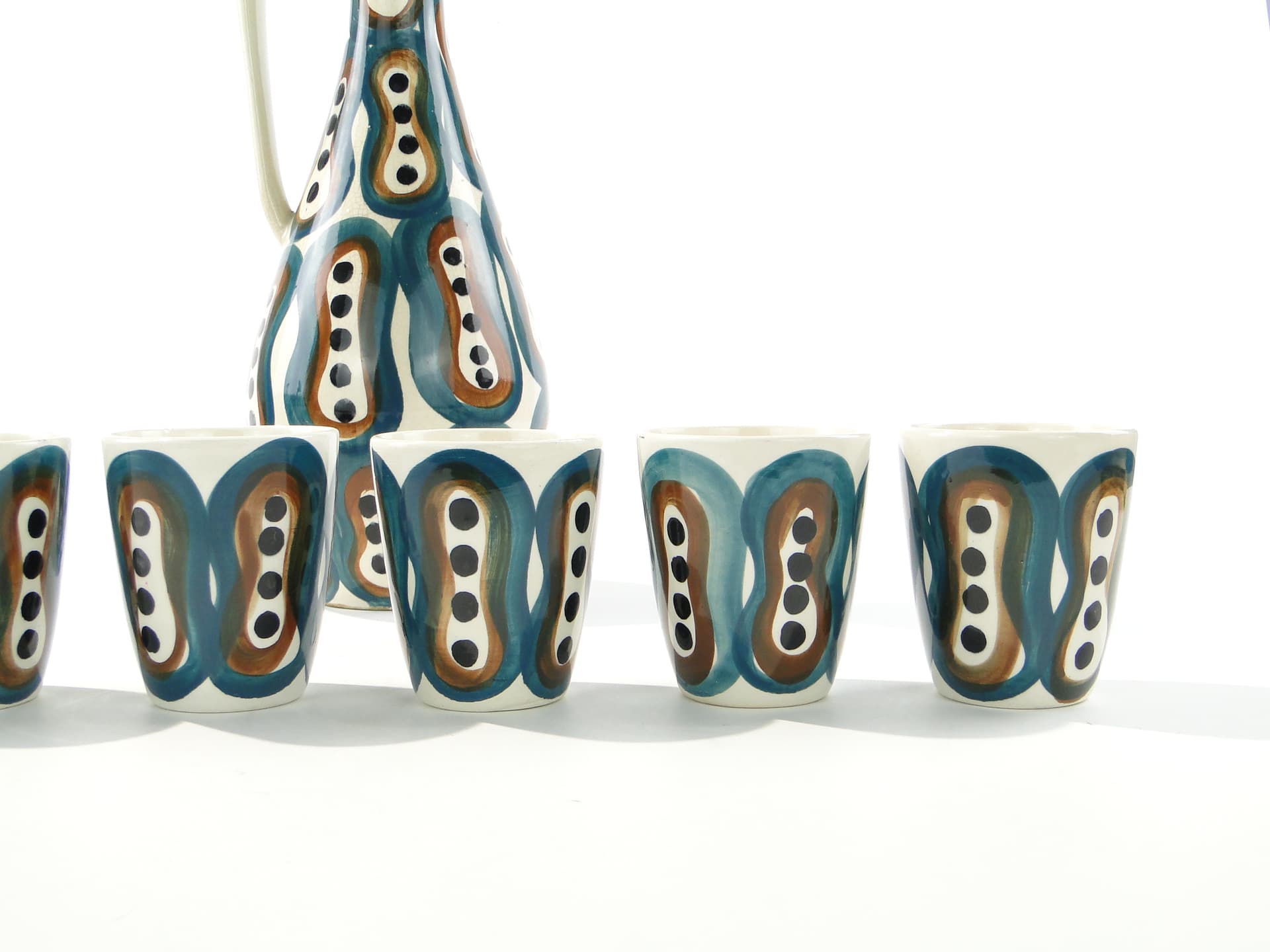 Wine set Pattern 411, white green faience, by J. Sowiński, Włocławek, Poland, 1960s. - 334380