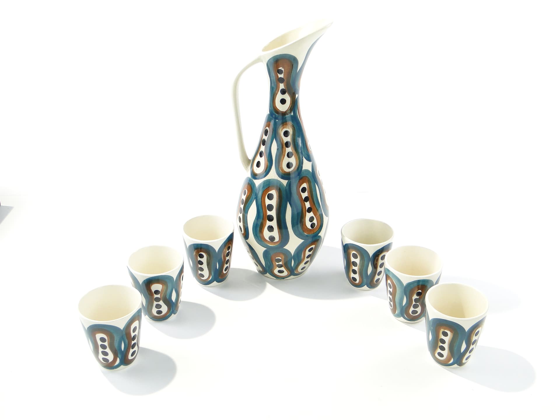 Wine set Pattern 411, white green faience, by J. Sowiński, Włocławek, Poland, 1960s. - 334381