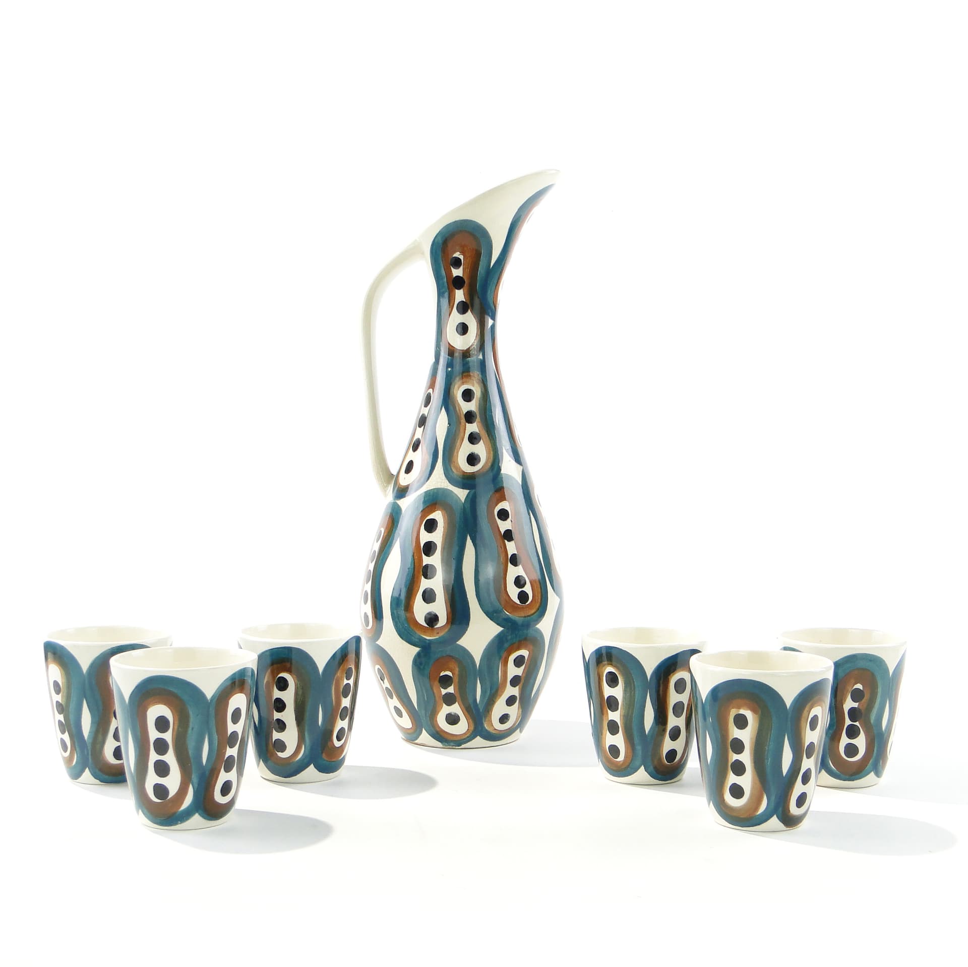 Wine set Pattern 411, white green faience, by J. Sowiński, Włocławek, Poland, 1960s.