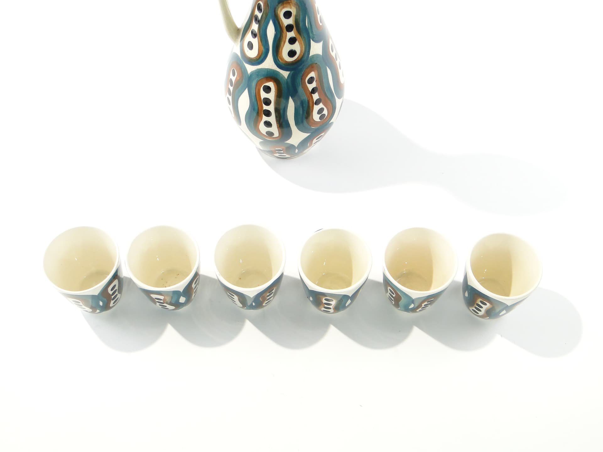 Wine set Pattern 411, white green faience, by J. Sowiński, Włocławek, Poland, 1960s. - 334379