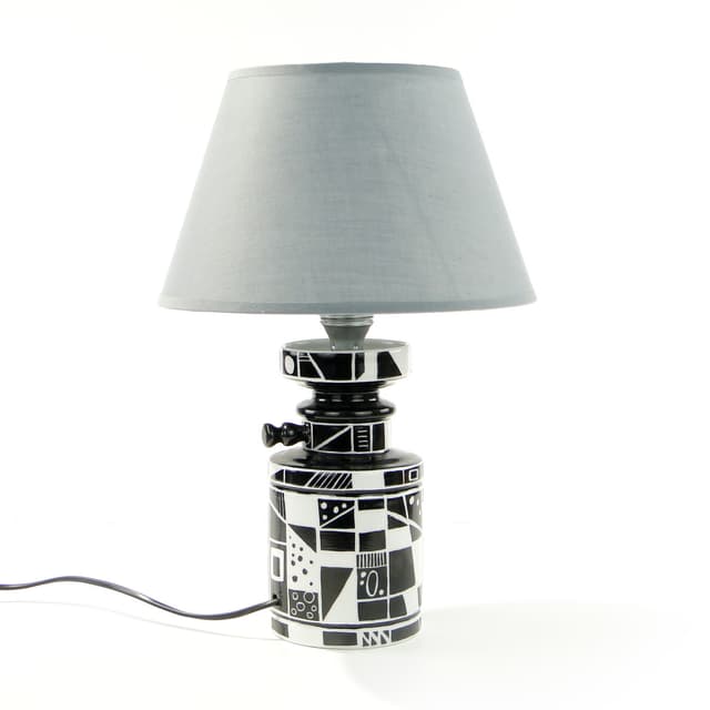 Lampa stołowa Kubistyczna Mozaika, porcelana czarno-biała, tkanina szara, Wawel, Polska, lata 60. - WYMIARY