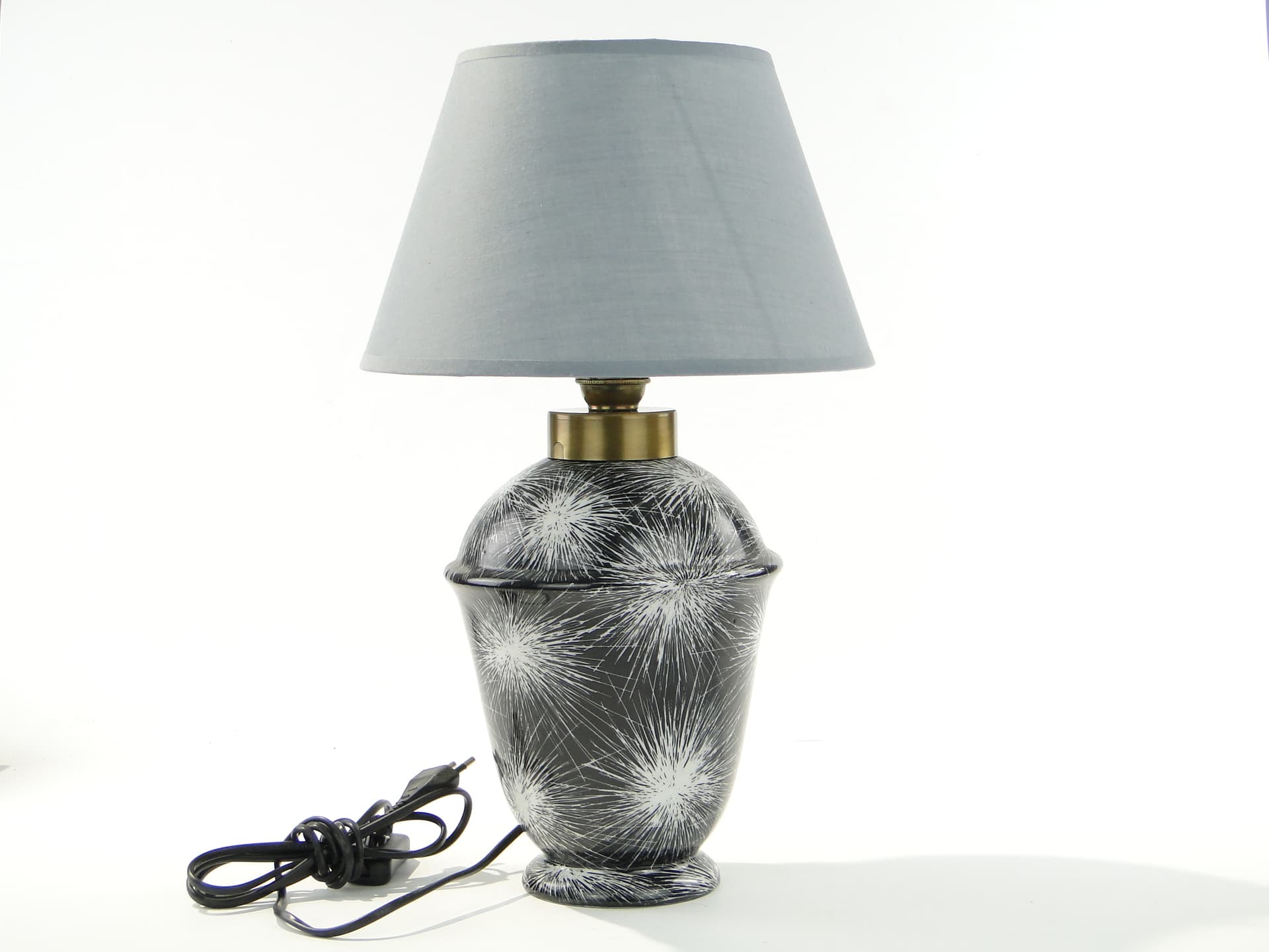 Lampa stołowa Dmuchawce, porcelana czarna biały, abażur tkanina szary, proj. L. Pokora, Polska, lata 50. - 334394