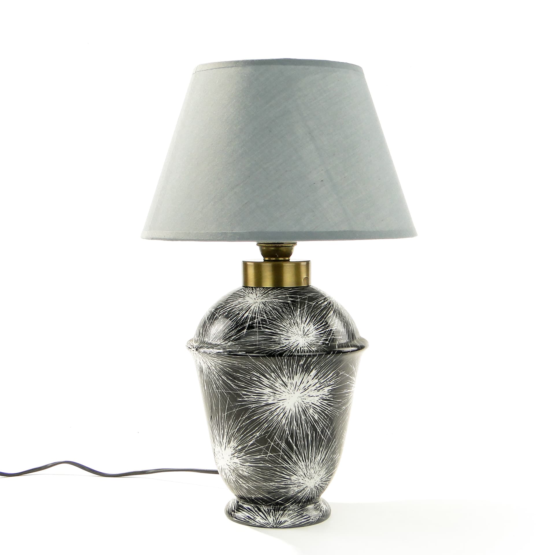 Lampa stołowa Dmuchawce, porcelana czarna biały, abażur tkanina szary, proj. L. Pokora, Polska, lata 50.
