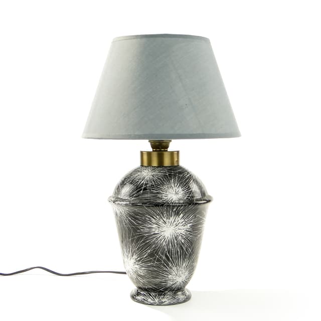 Lampa stołowa Dmuchawce, porcelana czarna biały, abażur tkanina szary, proj. L. Pokora, Polska, lata 50. - WYMIARY