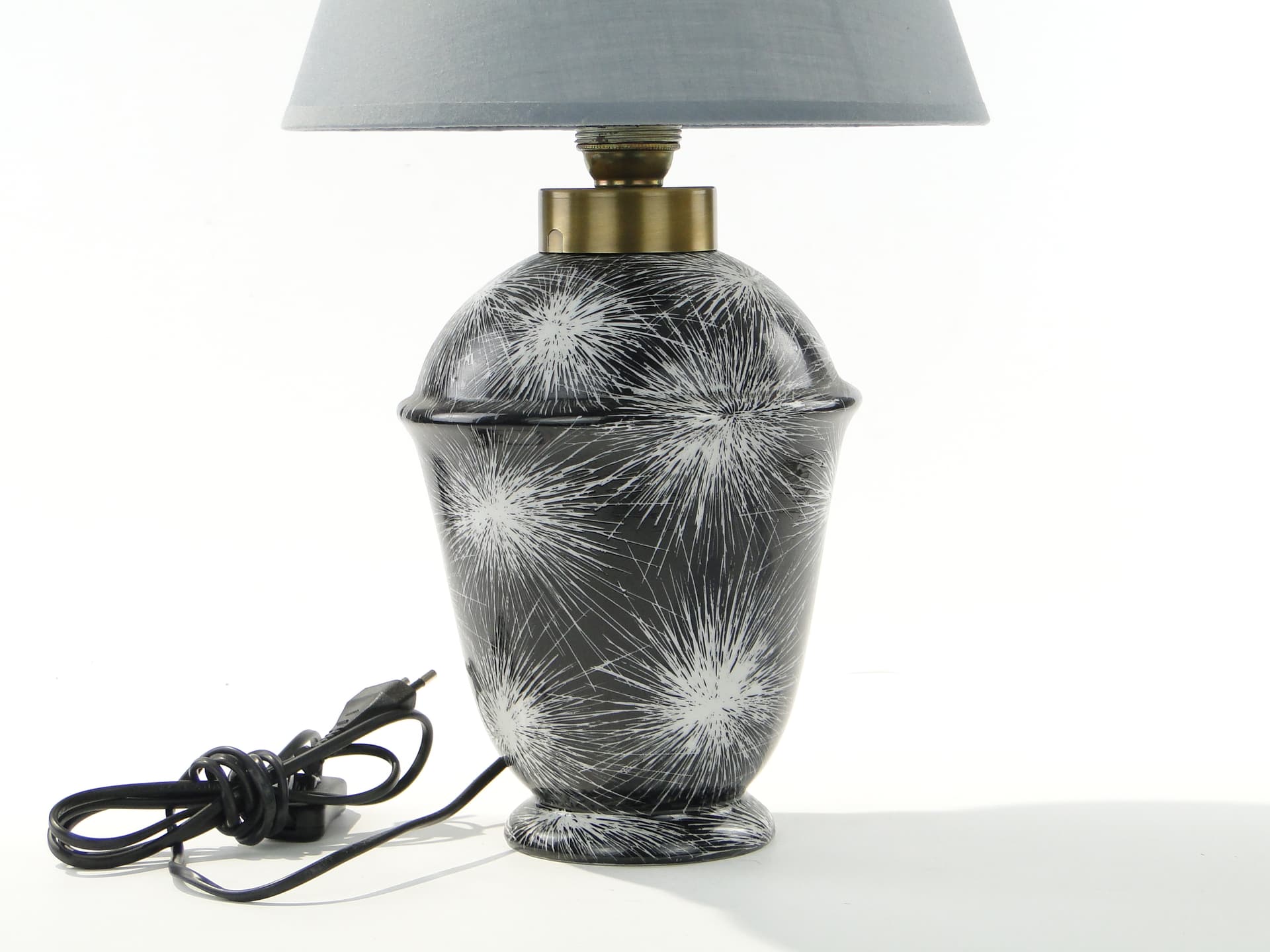 Lampa stołowa Dmuchawce, porcelana czarna biały, abażur tkanina szary, proj. L. Pokora, Polska, lata 50. - 334395