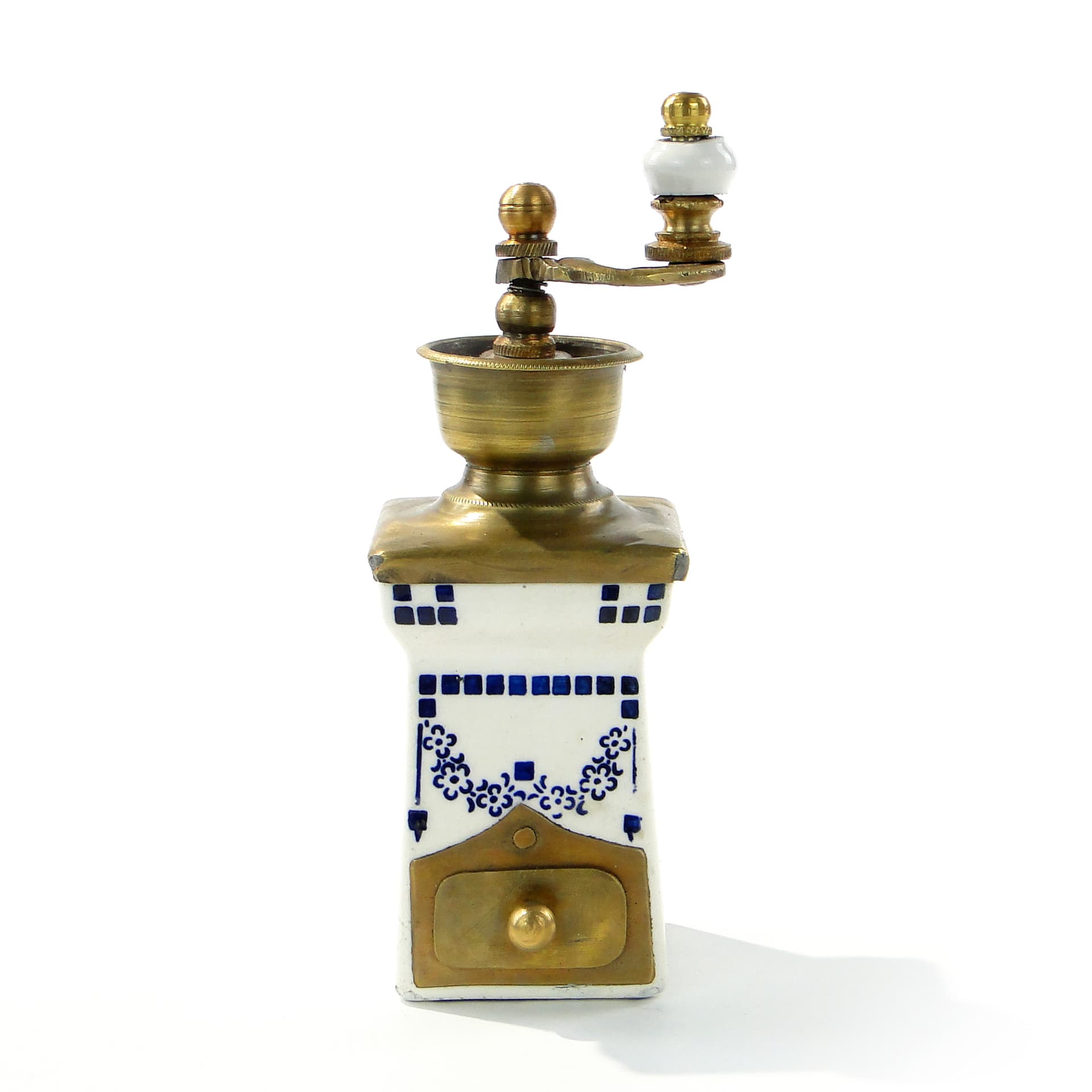 Spice grinder Art Deco, white cobalt, ceramics brass, Ćmielów, Poland, 1940s.