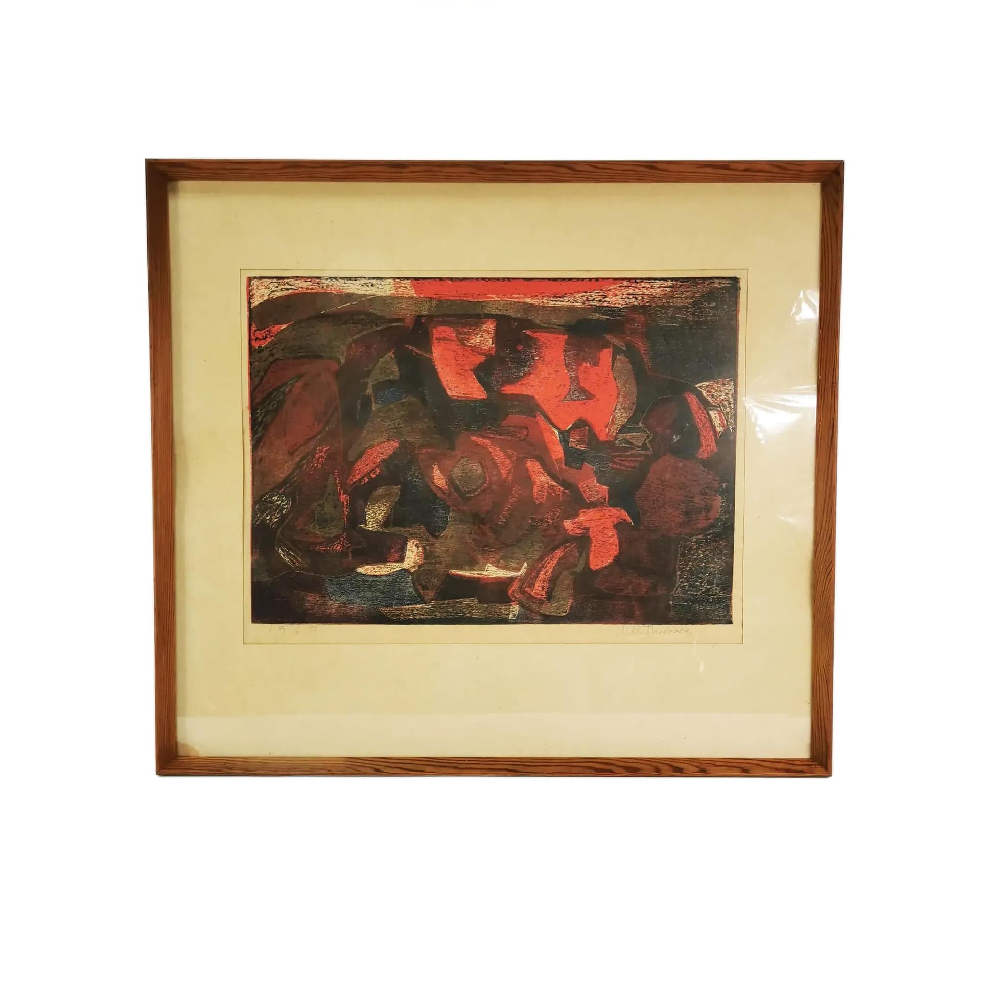 Litografia Kompozycja, 66,5x74 cm, papier, proj. H. Thorborg, Dania, lata 60.