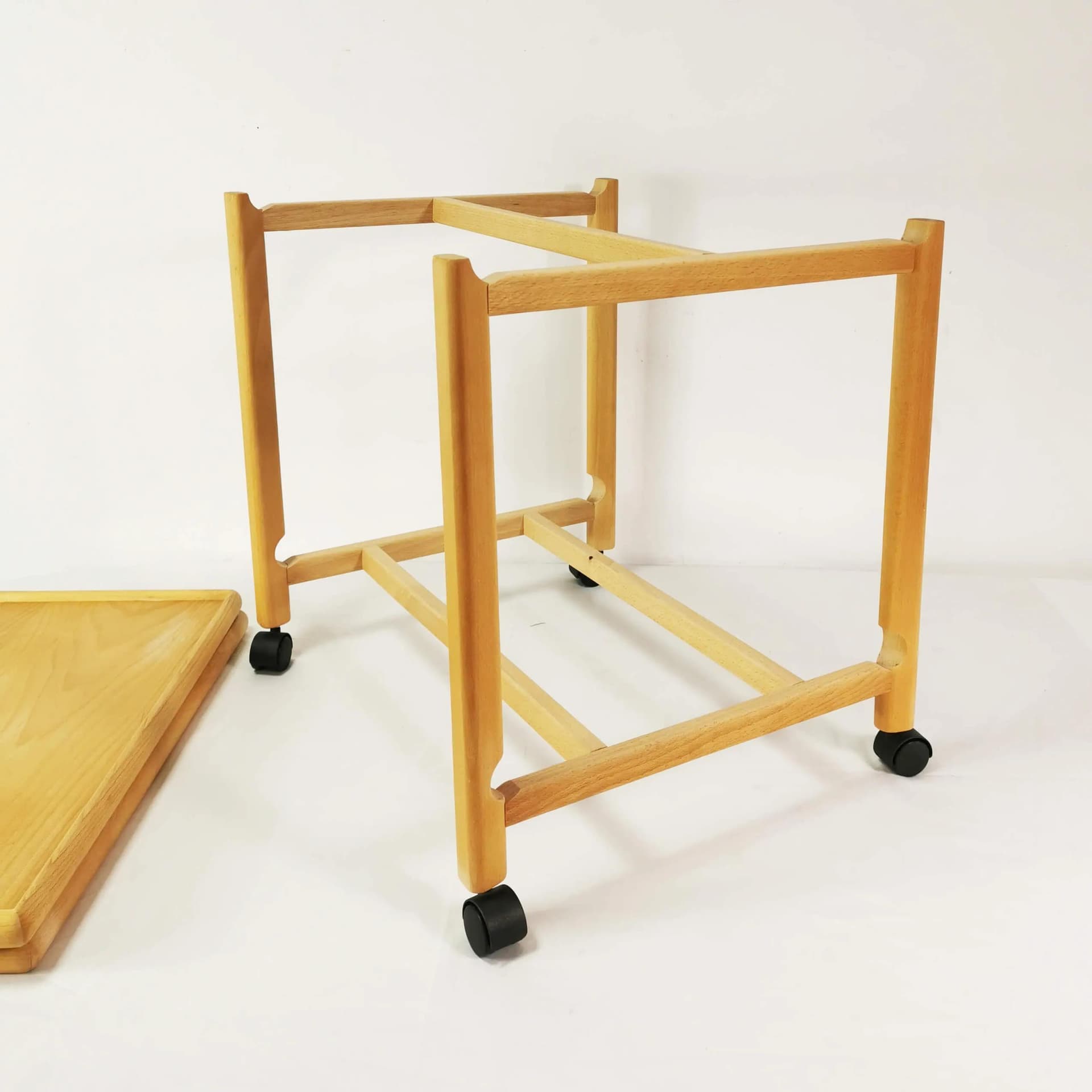 Side table, bar cart, brown beech, black plastic, Denmark, 1970s. - 334527