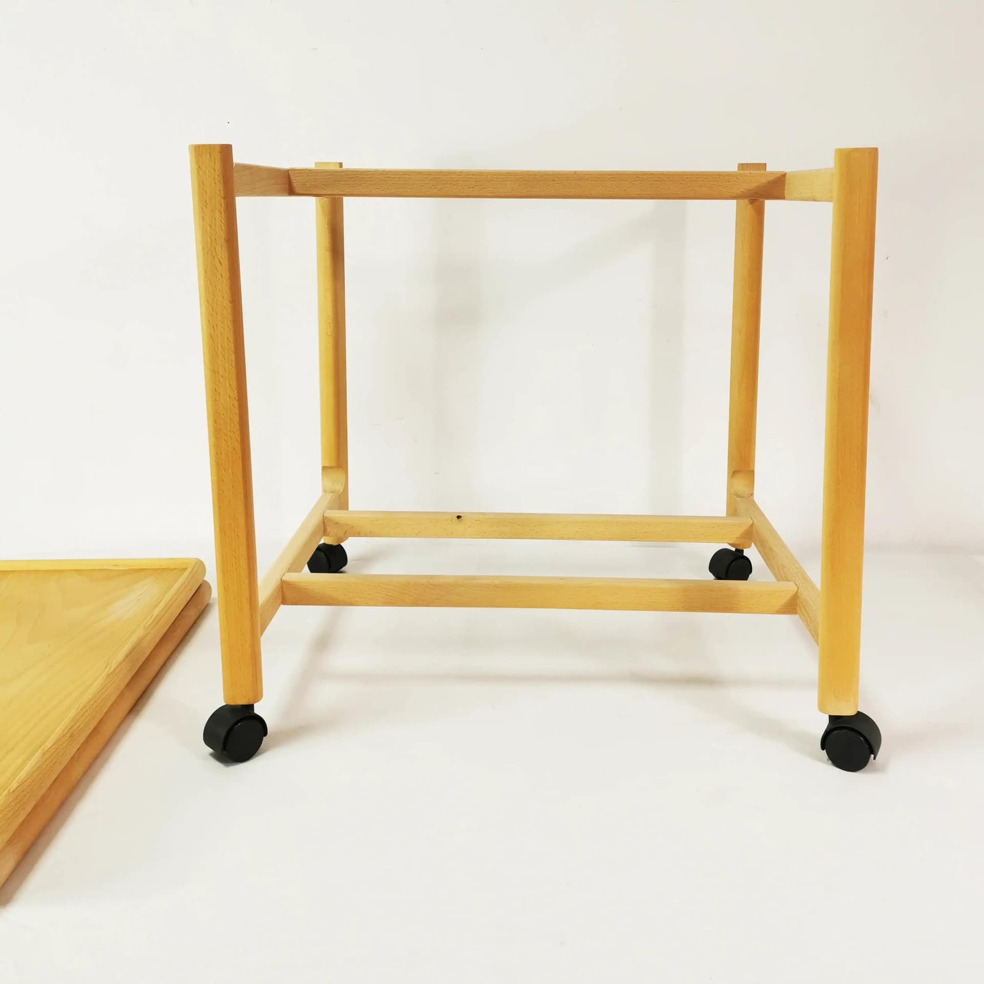 Side table, bar cart, brown beech, black plastic, Denmark, 1970s. - 334526