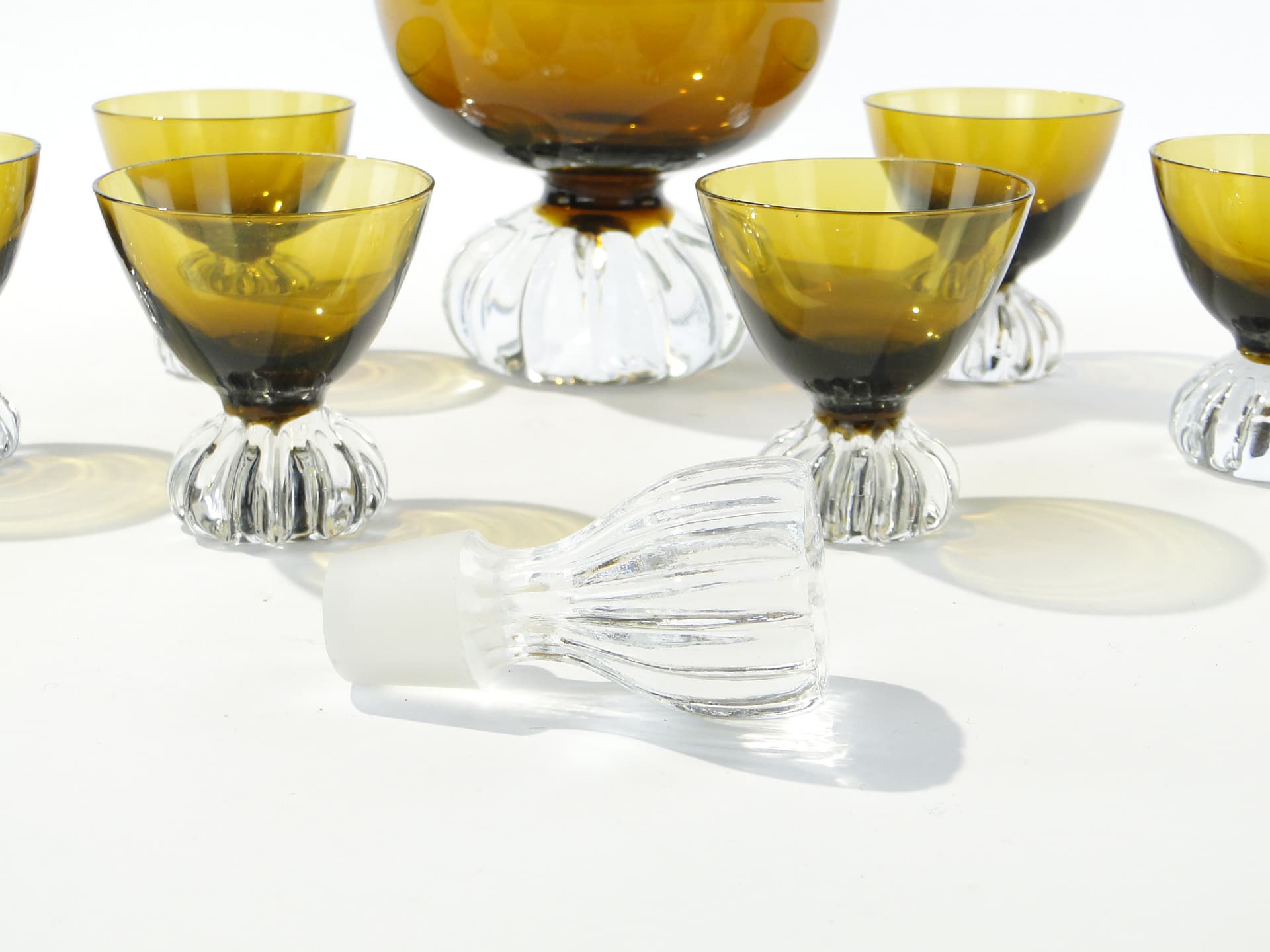 Liqueur set Beza, olive-amber colored glass, transparent glass, France, 1950s - 335362