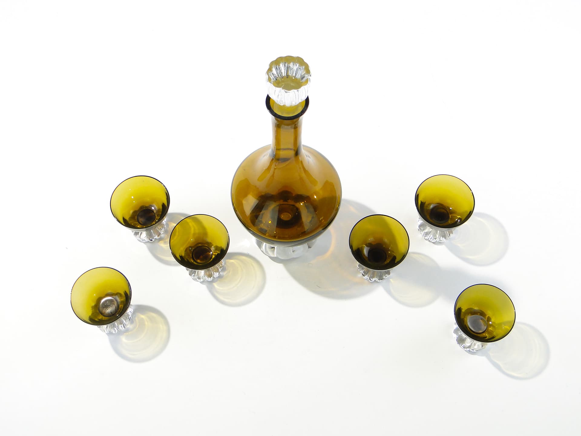 Liqueur set Beza, olive-amber colored glass, transparent glass, France, 1950s - 335355