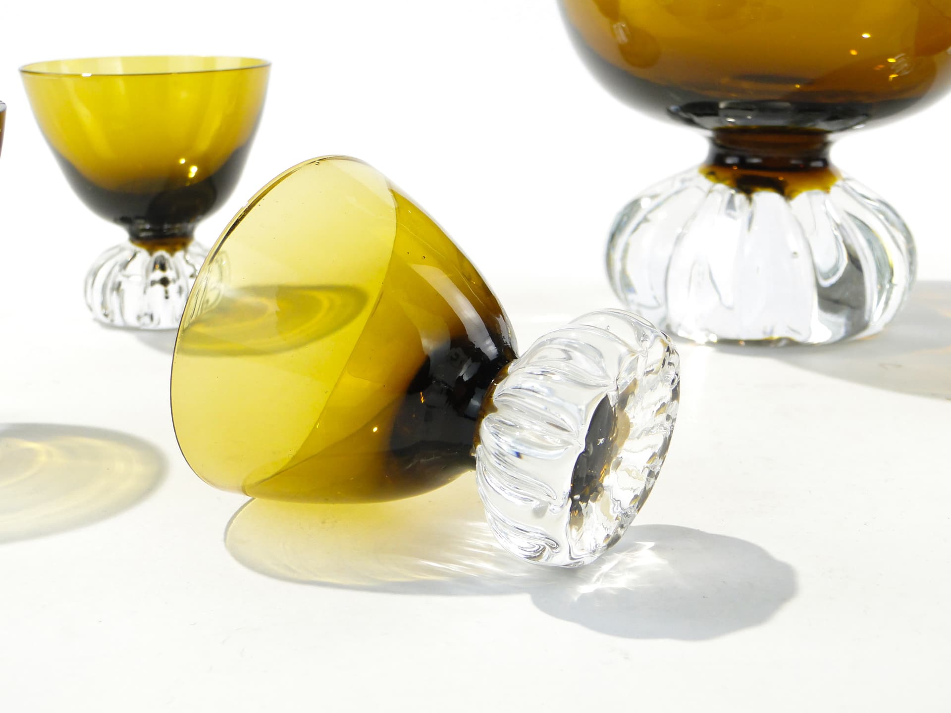 Liqueur set Beza, olive-amber colored glass, transparent glass, France, 1950s - 335357