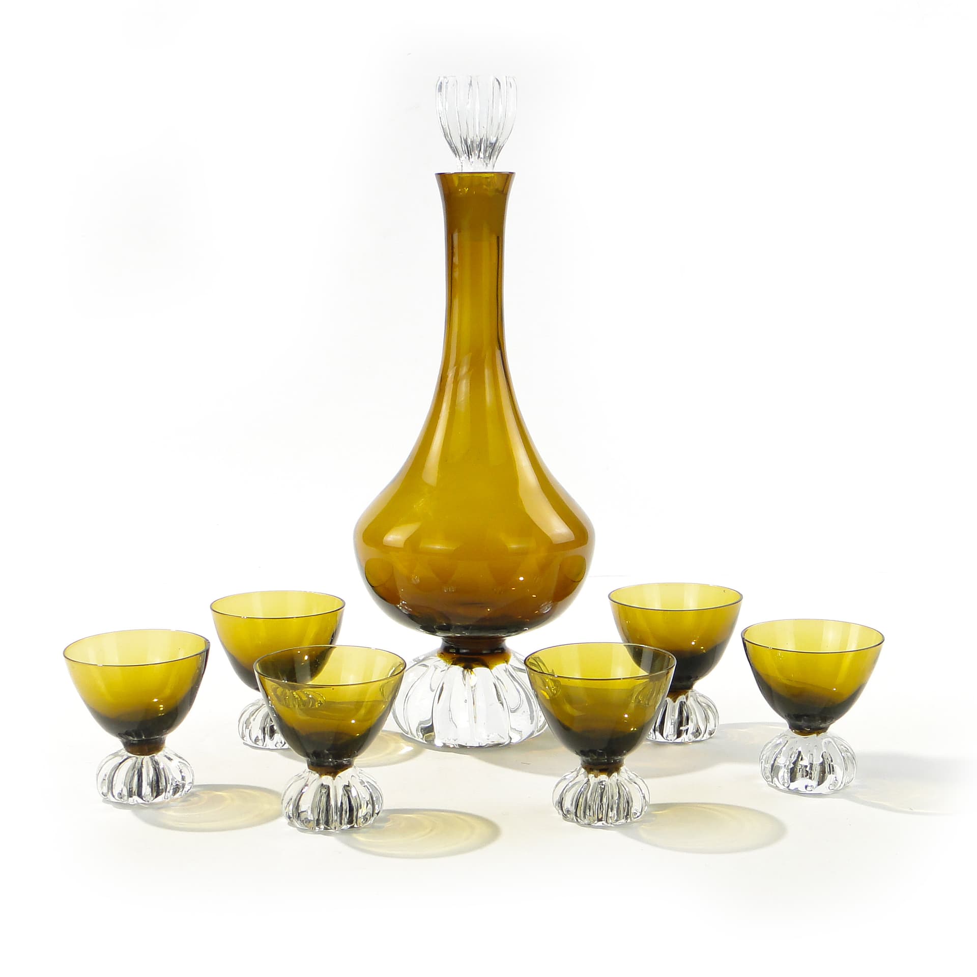 Liqueur set Beza, olive-amber colored glass, transparent glass, France, 1950s - 335361