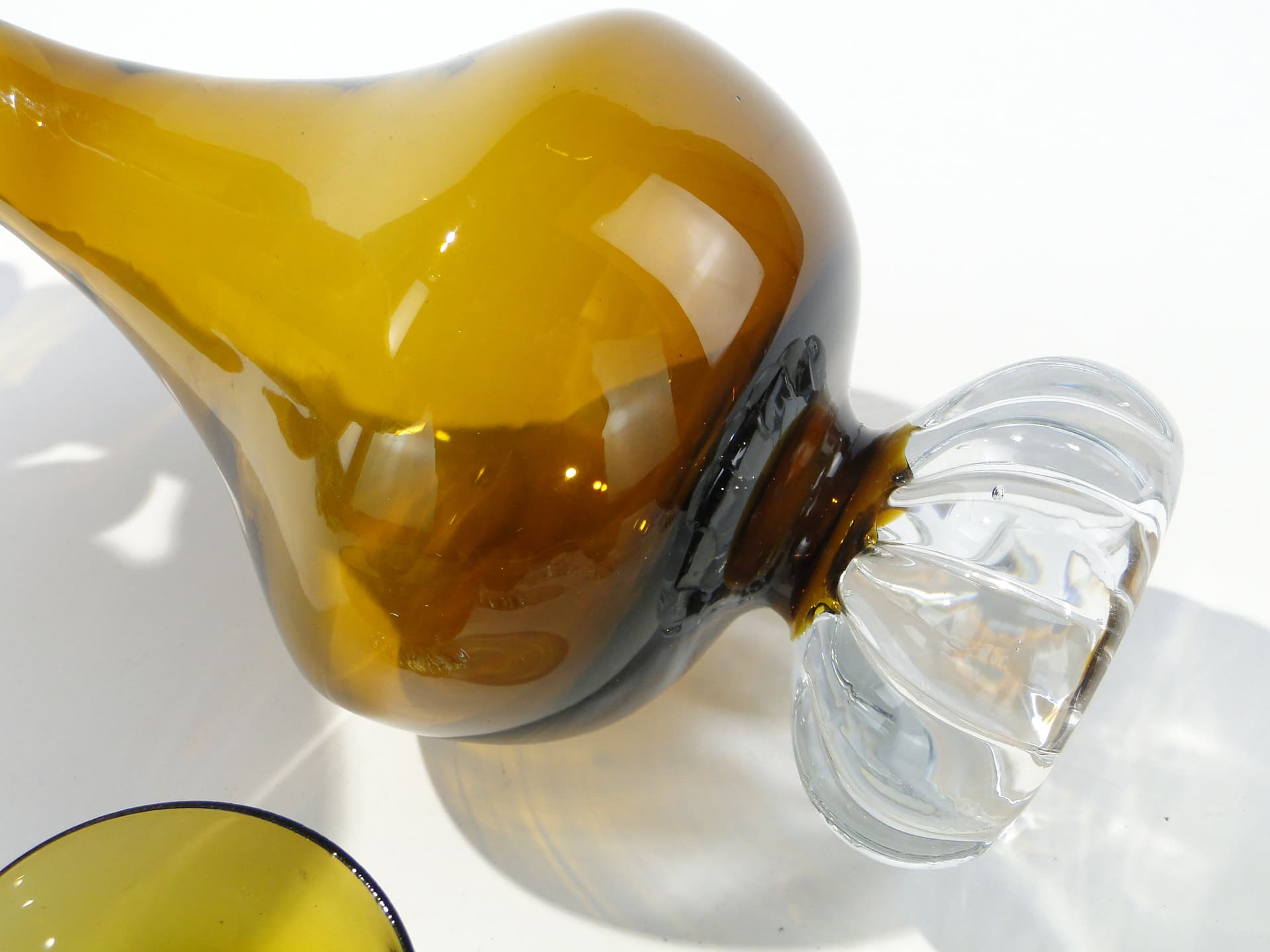 Liqueur set Beza, olive-amber colored glass, transparent glass, France, 1950s - 335363