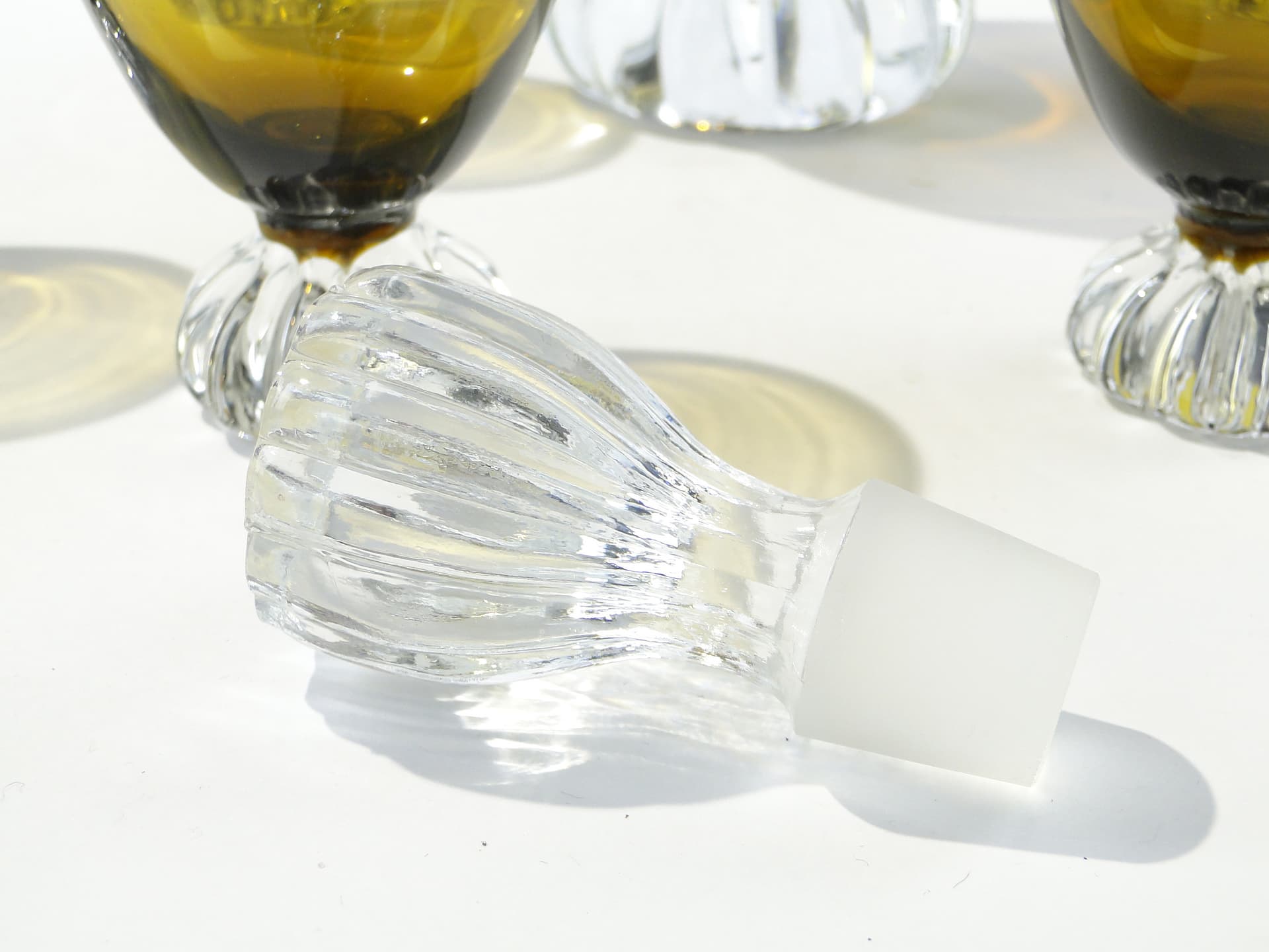 Liqueur set Beza, olive-amber colored glass, transparent glass, France, 1950s - 335360