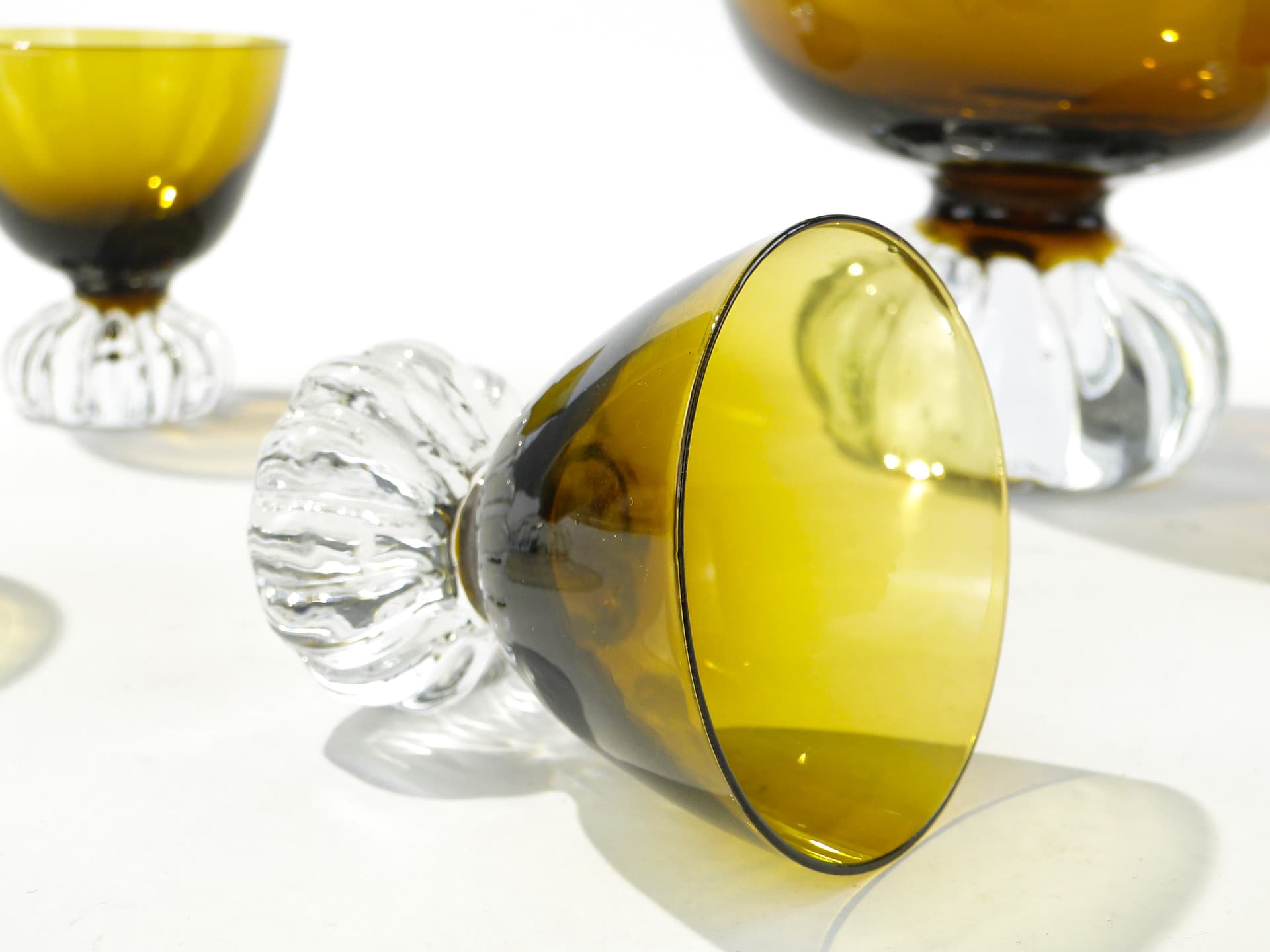 Liqueur set Beza, olive-amber colored glass, transparent glass, France, 1950s - 335353