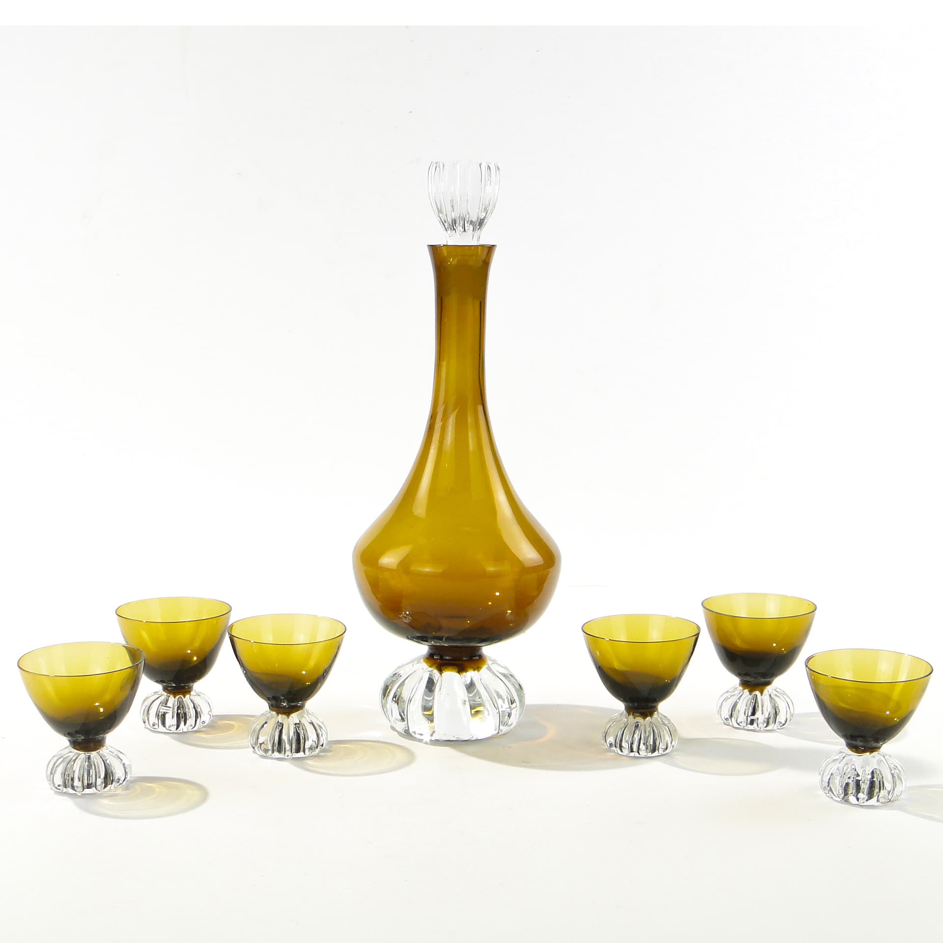 Liqueur set Beza, olive-amber colored glass, transparent glass, France, 1950s