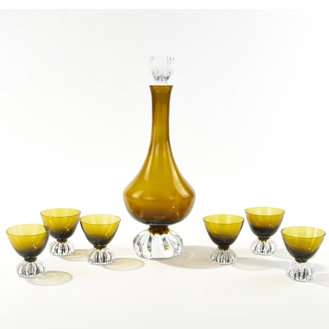 Liqueur set Beza, olive-amber colored glass, transparent glass, France, 1950s - DIMENSION