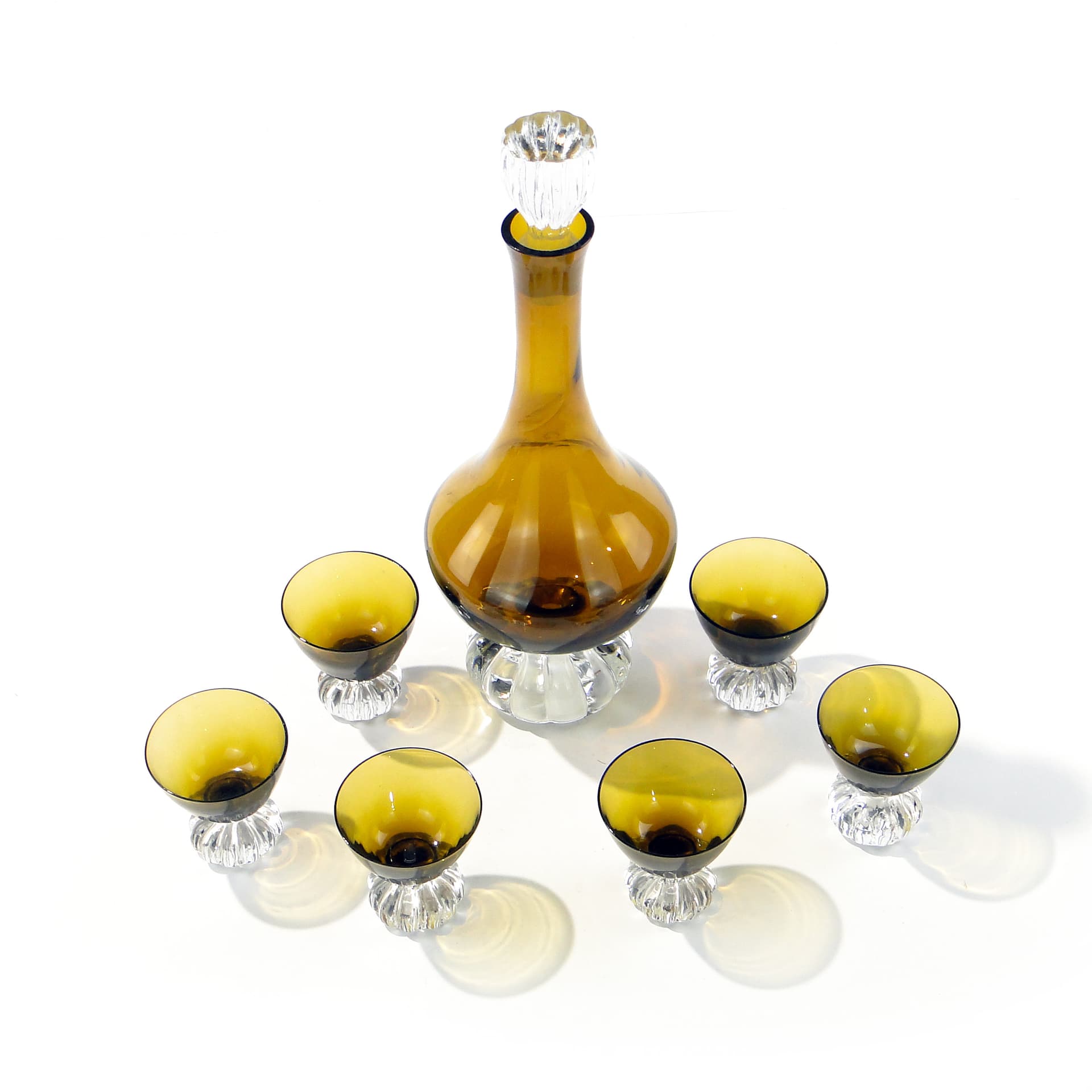 Liqueur set Beza, olive-amber colored glass, transparent glass, France, 1950s - 335358