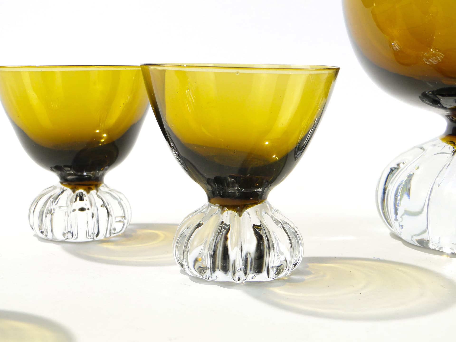 Liqueur set Beza, olive-amber colored glass, transparent glass, France, 1950s - 335354