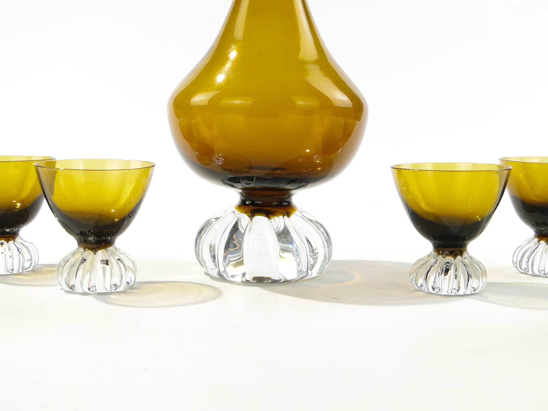 Liqueur set Beza, olive-amber colored glass, transparent glass, France, 1950s - 335350