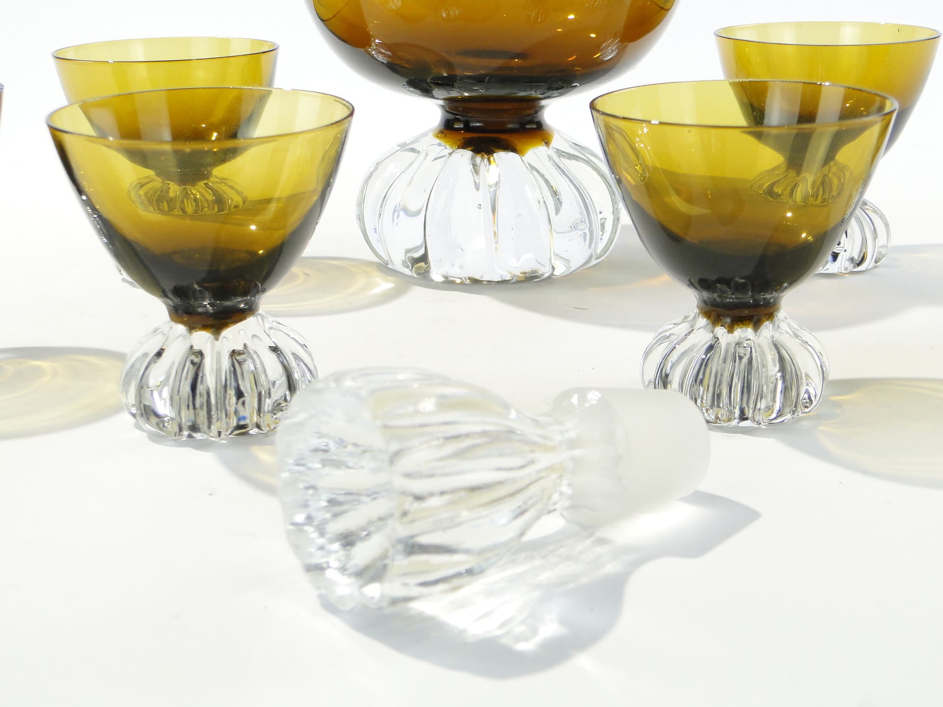 Liqueur set Beza, olive-amber colored glass, transparent glass, France, 1950s - 335359
