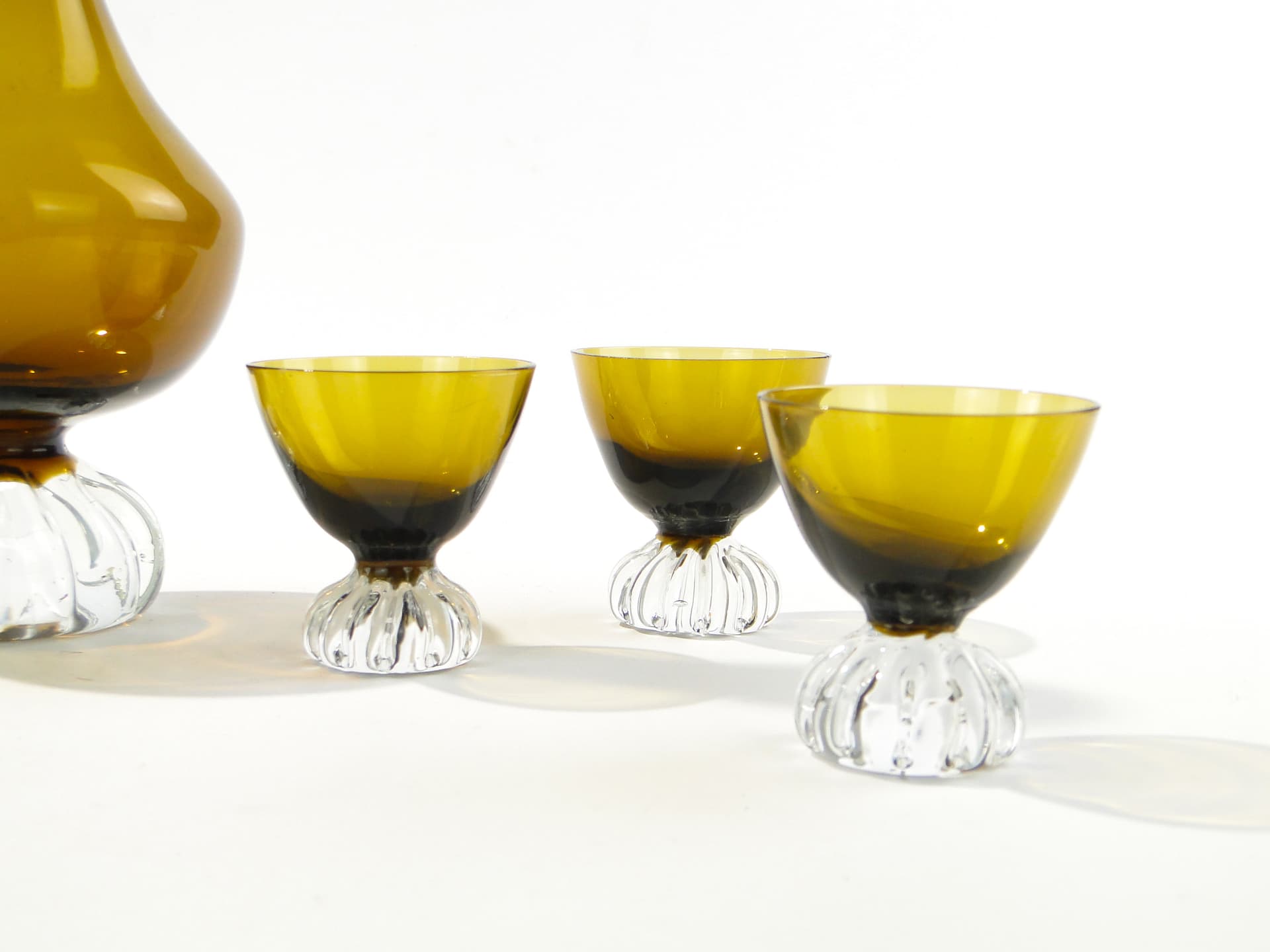 Liqueur set Beza, olive-amber colored glass, transparent glass, France, 1950s - 335351