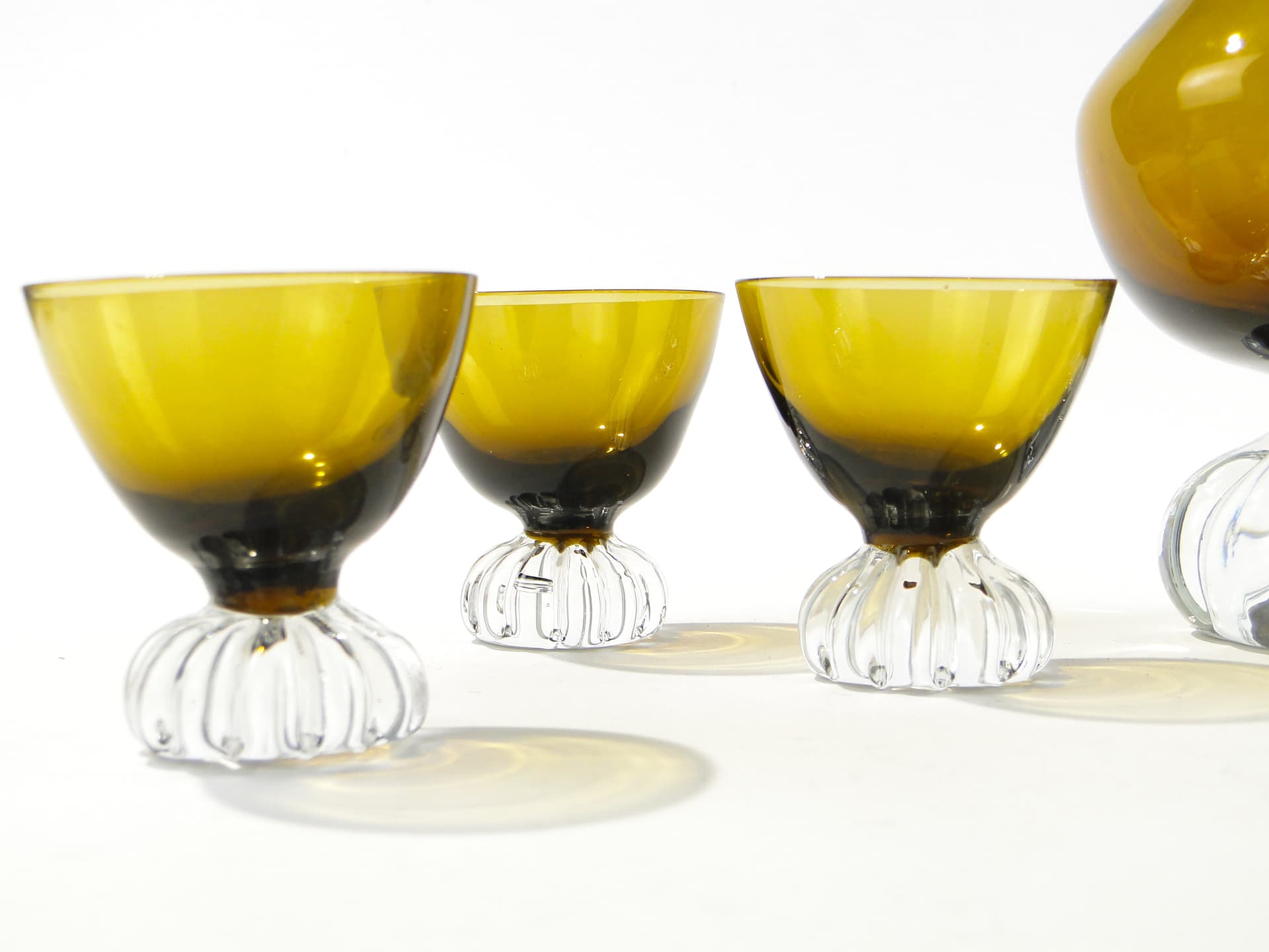 Liqueur set Beza, olive-amber colored glass, transparent glass, France, 1950s - 335356