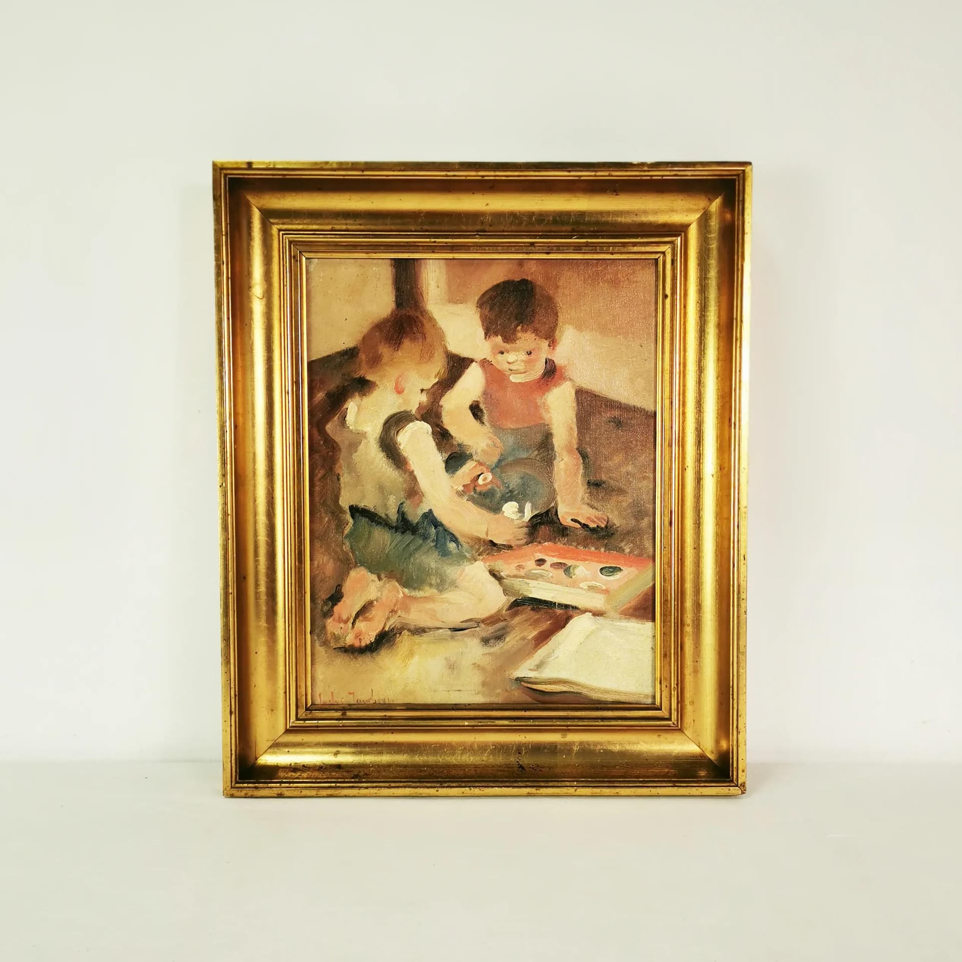 Obraz olejny, brązowy czerwony niebieski biały żółty, płótno, rama drewno złocone, Dania, pierwsza połowa XX w. - 336021
