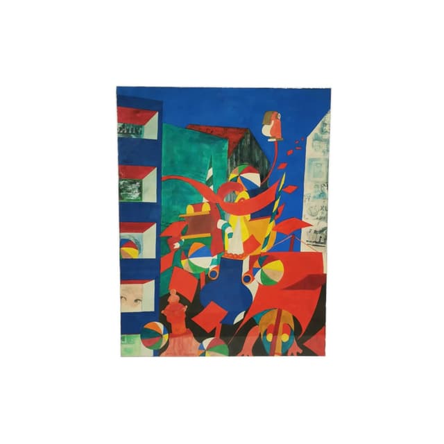 Obraz surrealistyczny, papier, akryl, proj. B. K. Jacobsen, Dania, lata 70. - WYMIARY