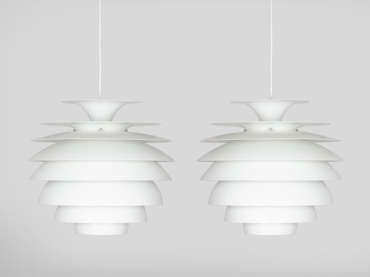 Pair of pendant lamps, silver aluminum, by B. Karlby, Lyfa, Denmark, 1960s. - 335948