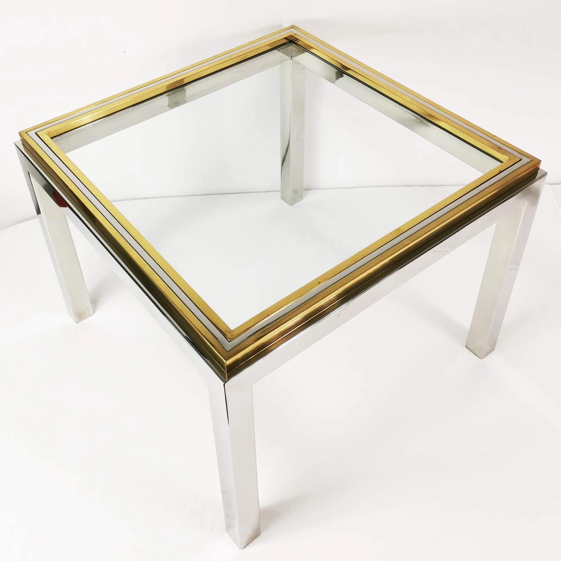 Coffee table Flaminia, silver chrome, gold brass, transparent glass, by W. Rizzo, Italy, 1970s. - 337177