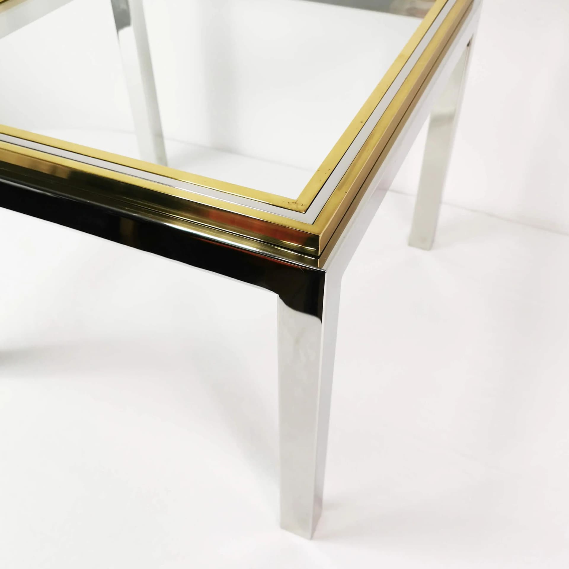 Coffee table Flaminia, silver chrome, gold brass, transparent glass, by W. Rizzo, Italy, 1970s. - 337178