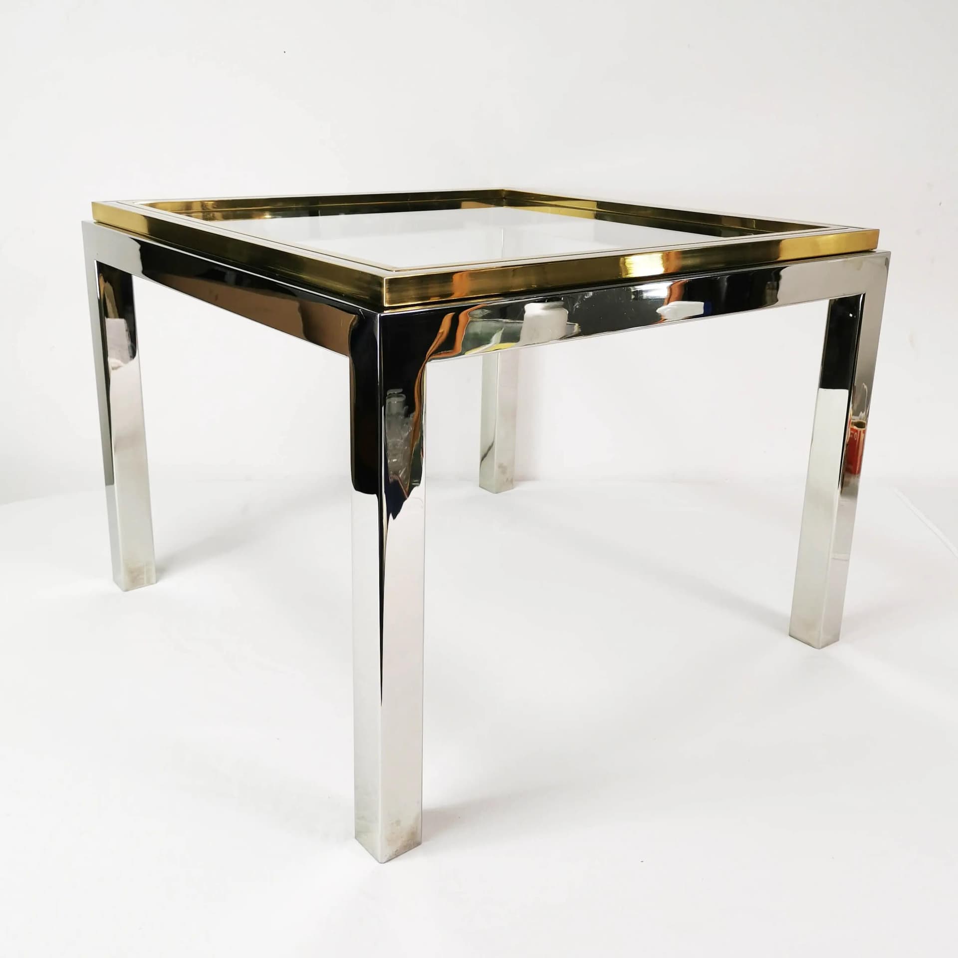 Coffee table Flaminia, silver chrome, gold brass, transparent glass, by W. Rizzo, Italy, 1970s. - 337172