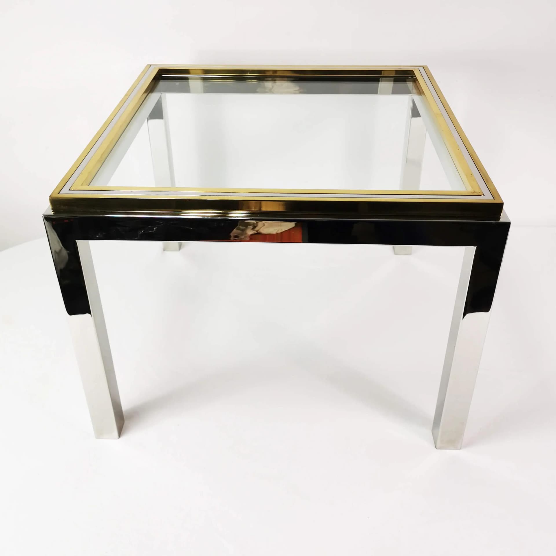 Coffee table Flaminia, silver chrome, gold brass, transparent glass, by W. Rizzo, Italy, 1970s. - 337174