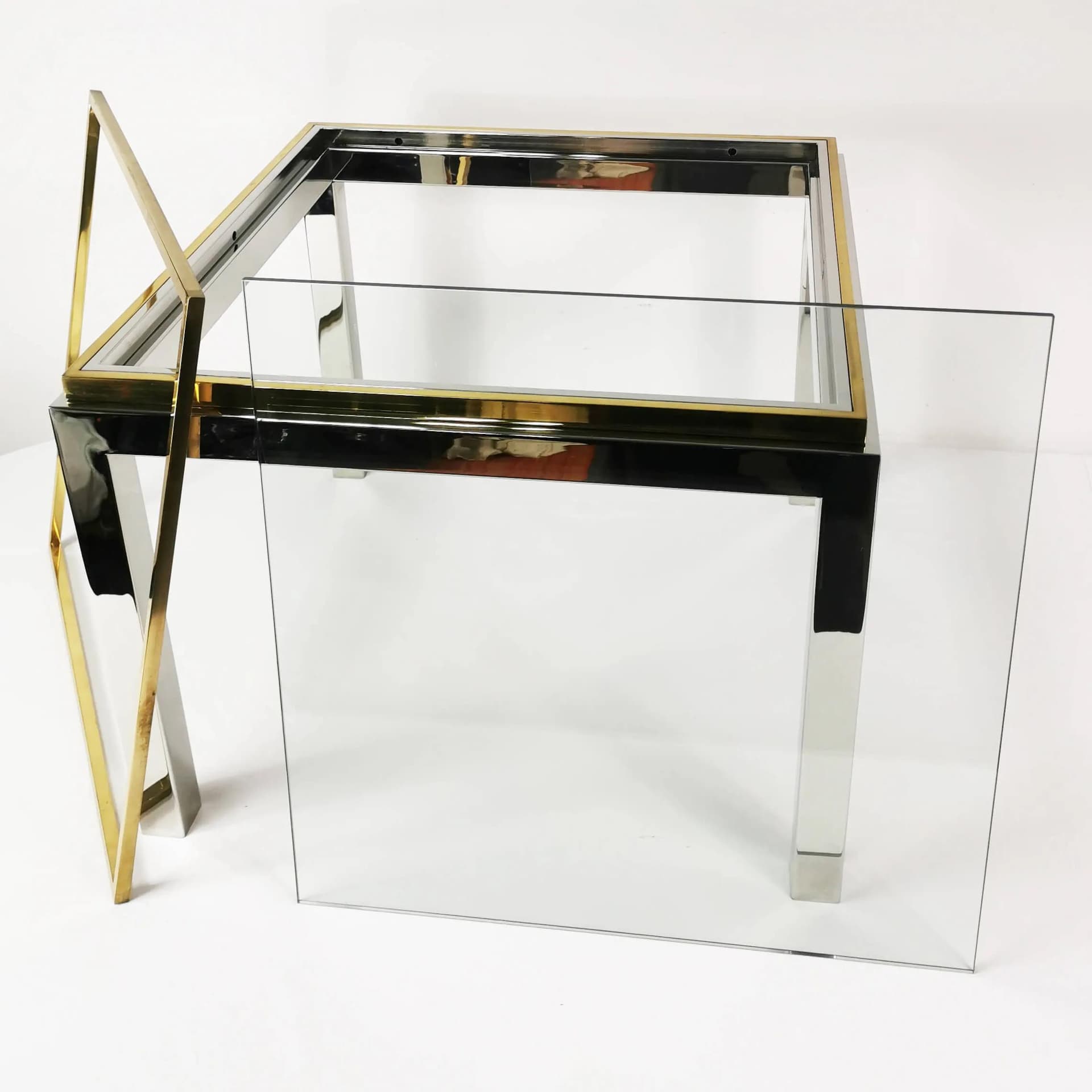 Coffee table Flaminia, silver chrome, gold brass, transparent glass, by W. Rizzo, Italy, 1970s. - 337176