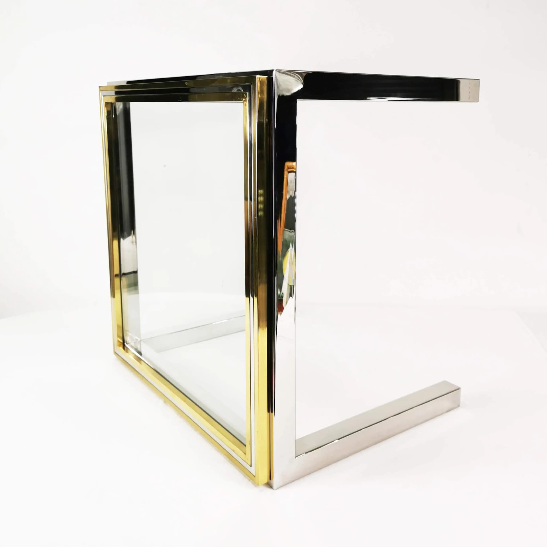 Coffee table Flaminia, silver chrome, gold brass, transparent glass, by W. Rizzo, Italy, 1970s. - 337180